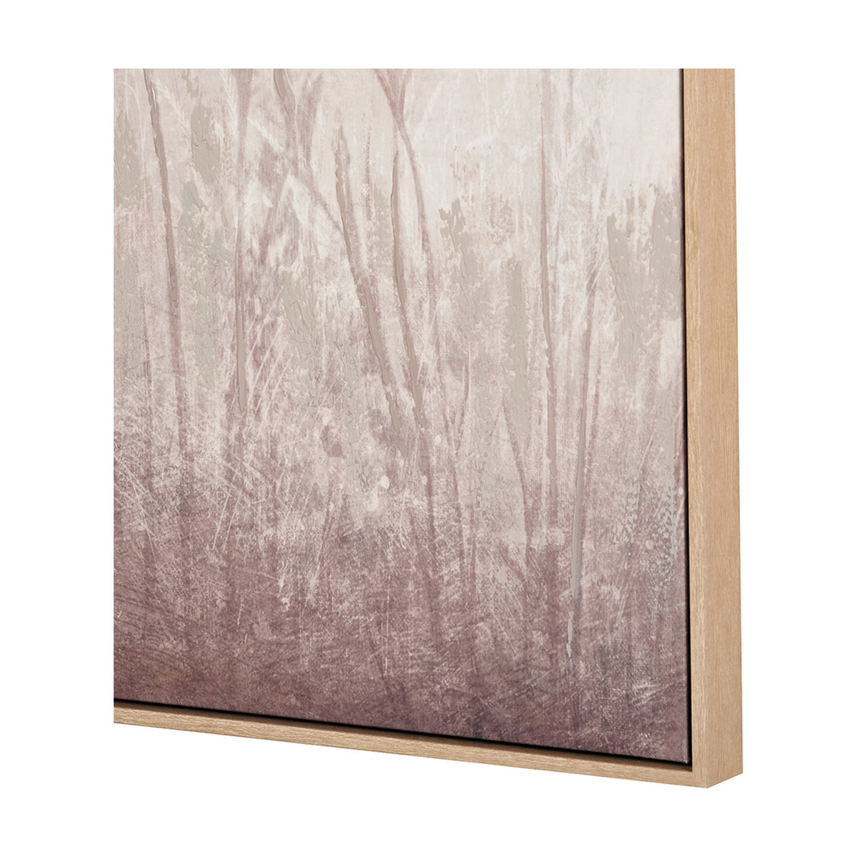Canvas wall art in a natural wood frame, angled close-up showing a muted brown and white forest-inspired print on a plain background.
