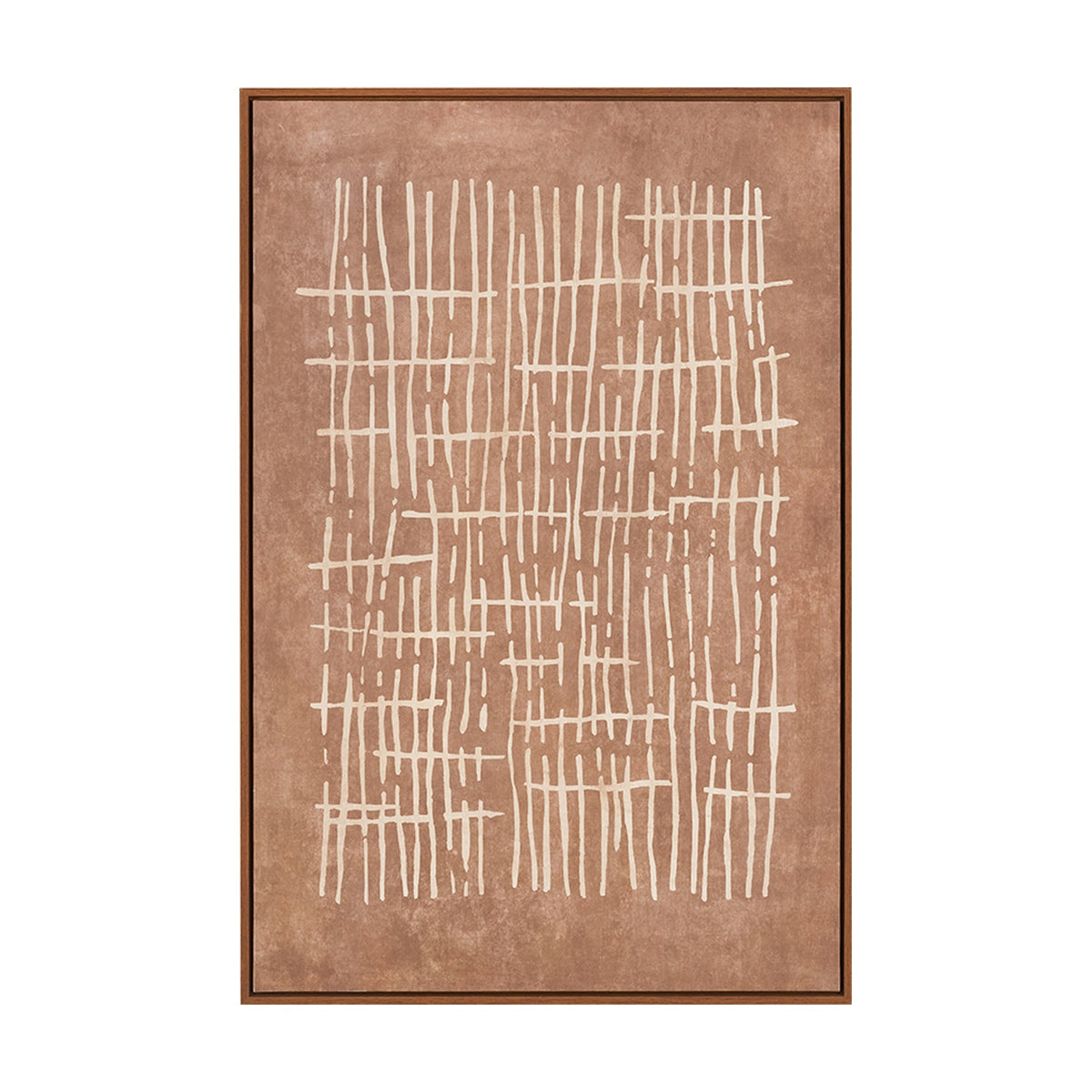 Canvas wall art with abstract cream linear crosshatch pattern on a brown background, framed in an oak effect wood frame, shown on a plain white background.