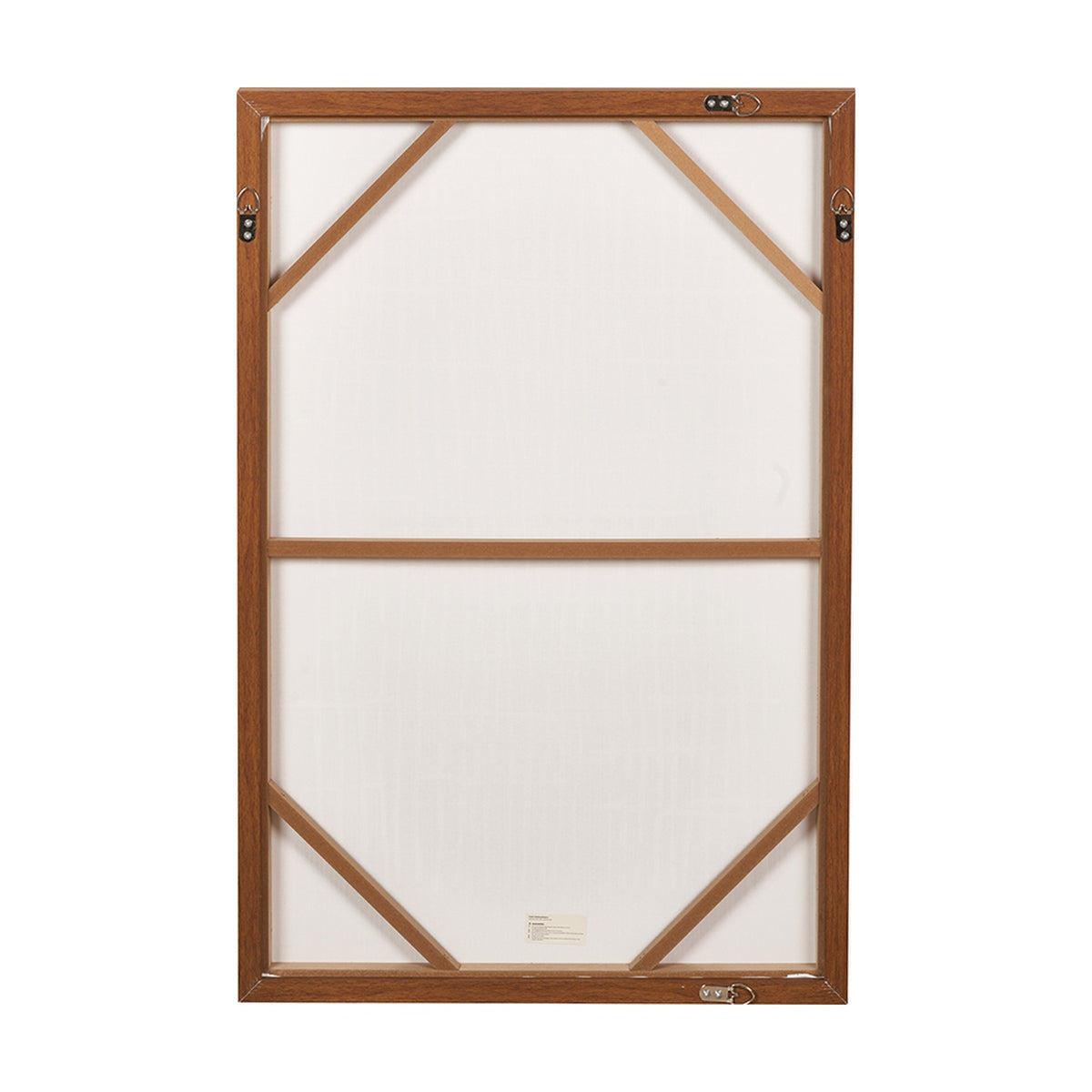 Rear view of the Brown & Natural Abstract Linear Design canvas wall art, showing an oak effect wooden frame with diagonal support struts and hanging hardware, on a plain white background.