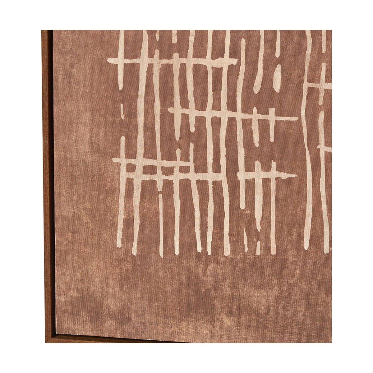 Close-up of the Brown & Natural Abstract Linear Design Canvas in an oak effect frame, showing cream crosshatch lines on a brown textured background.