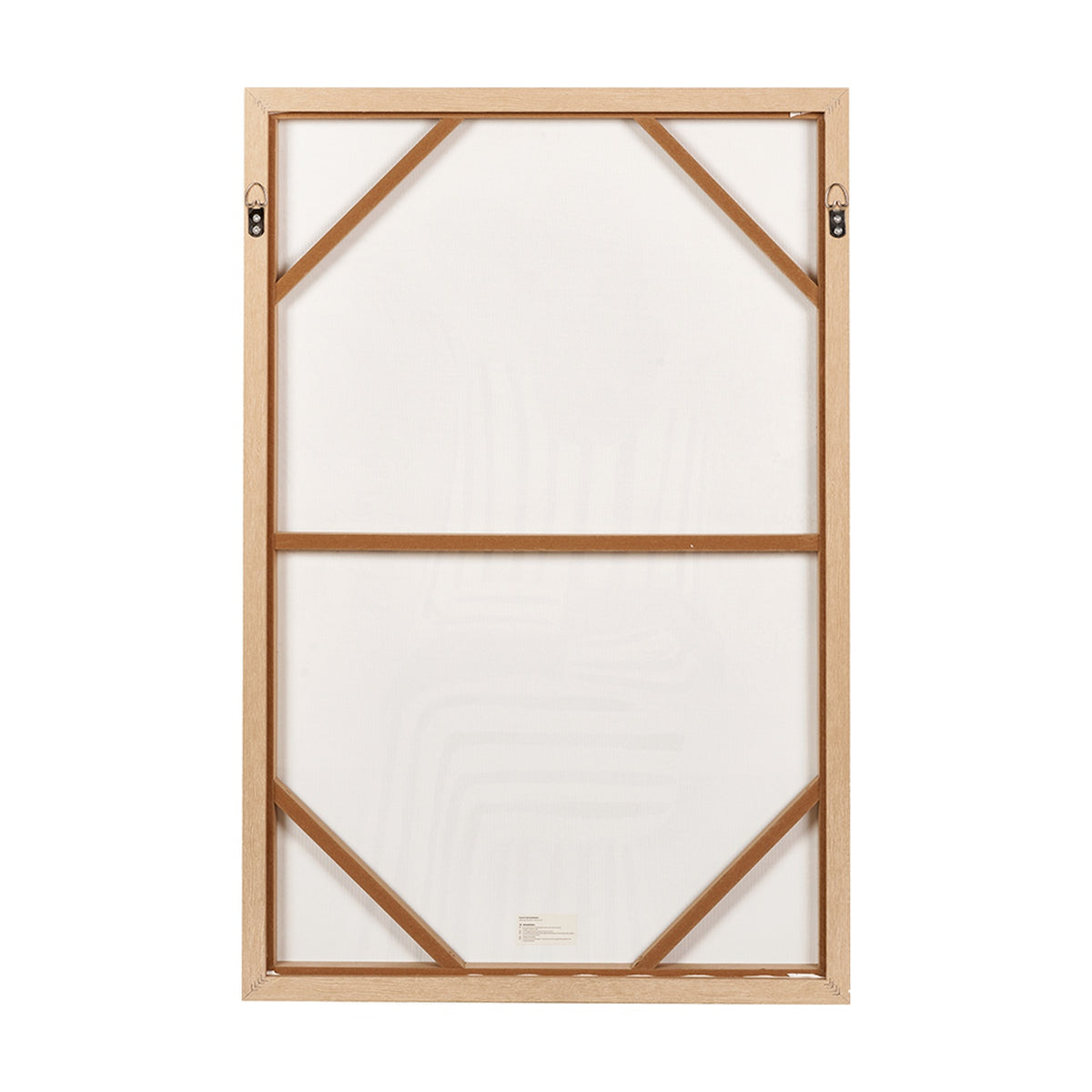 Rear view of the Striped Dress Lady Design rectangular canvas wall art, showing a natural wood frame with diagonal wooden support braces and hanging fixtures, on a plain white background.