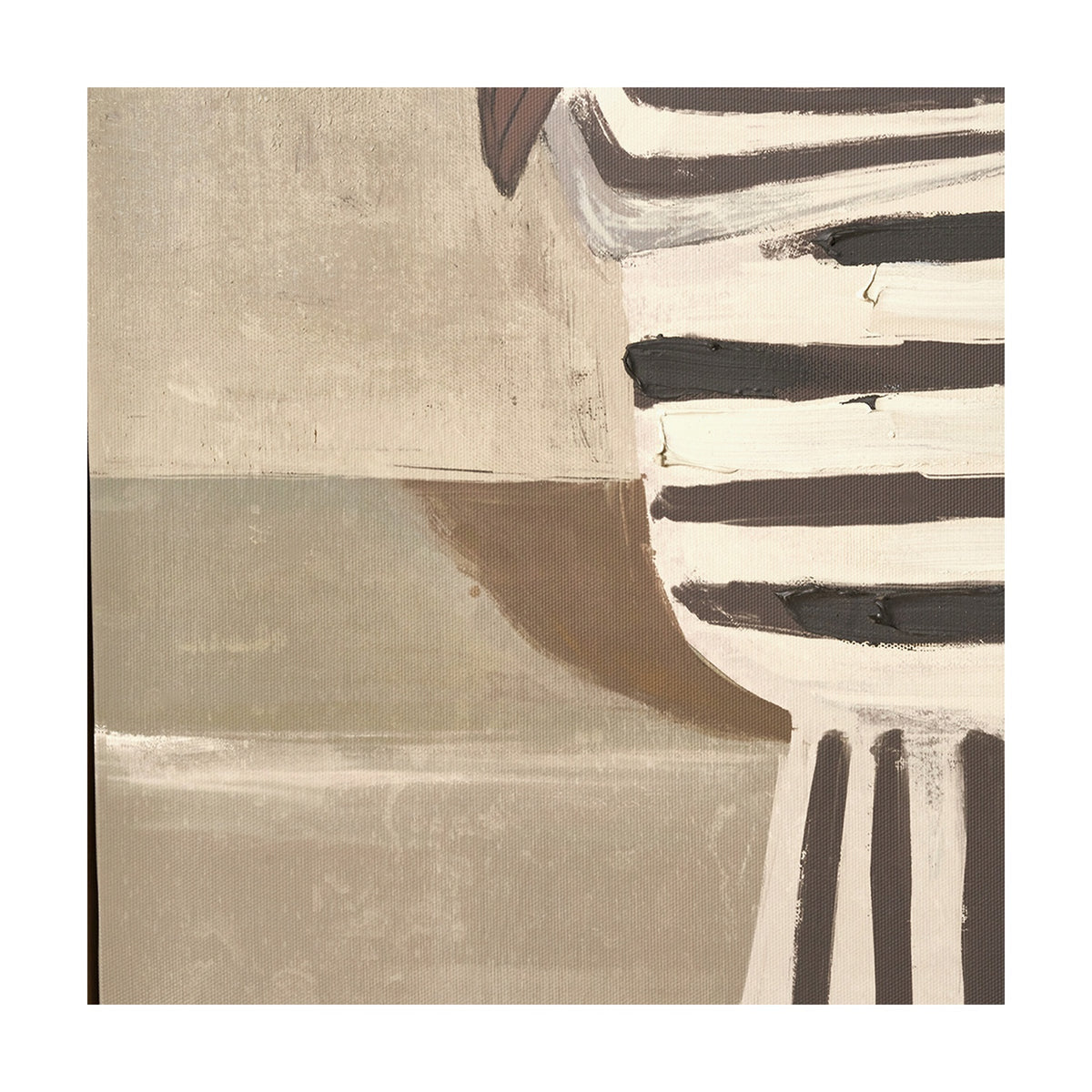 Striped Dress Lady Design canvas wall art, cropped detail showing black and white stripe pattern against beige and taupe blocks in a natural finish frame.