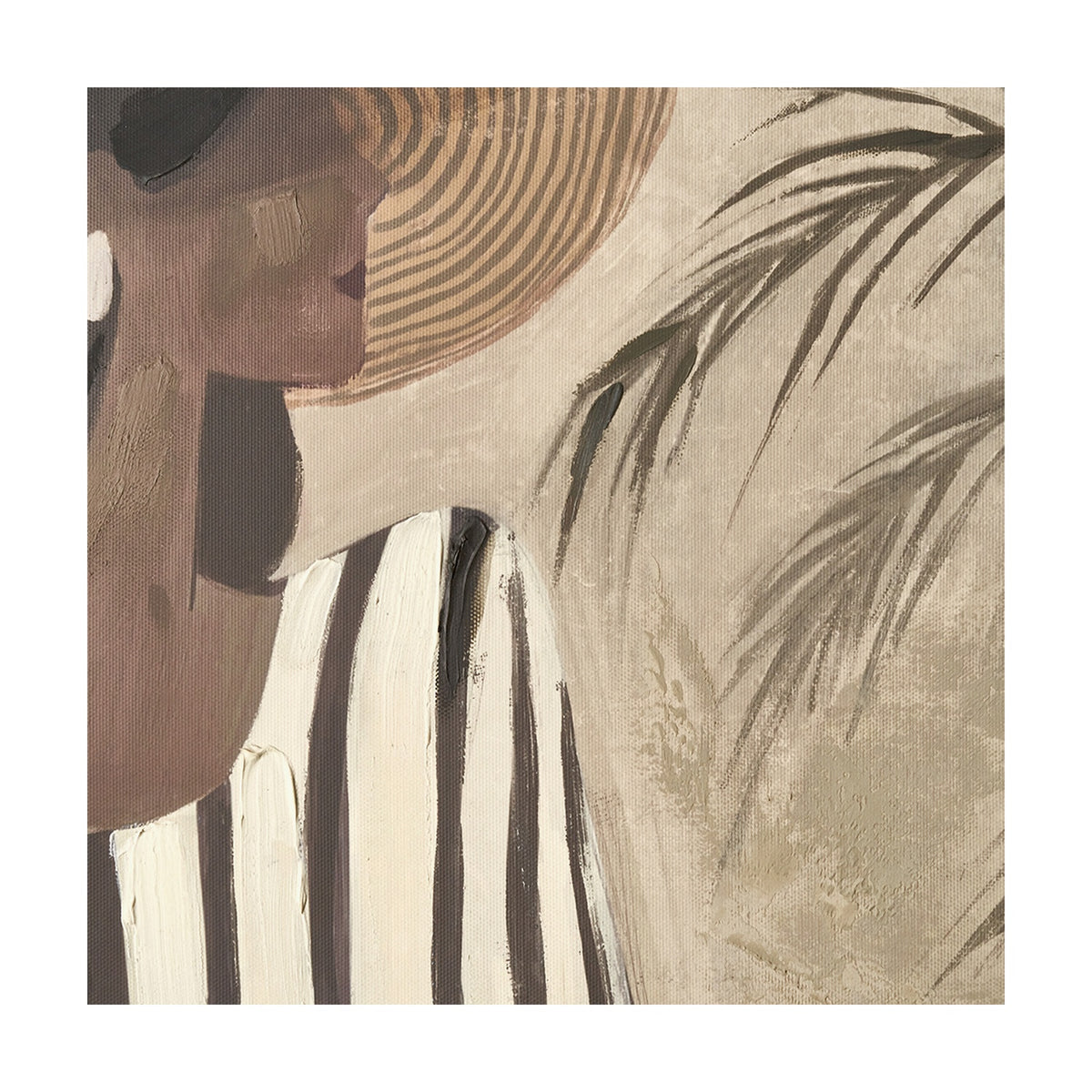 Canvas wall art detail showing a woman in a striped hat and dress in profile, earthy tones, with palm leaf motif against a neutral background.