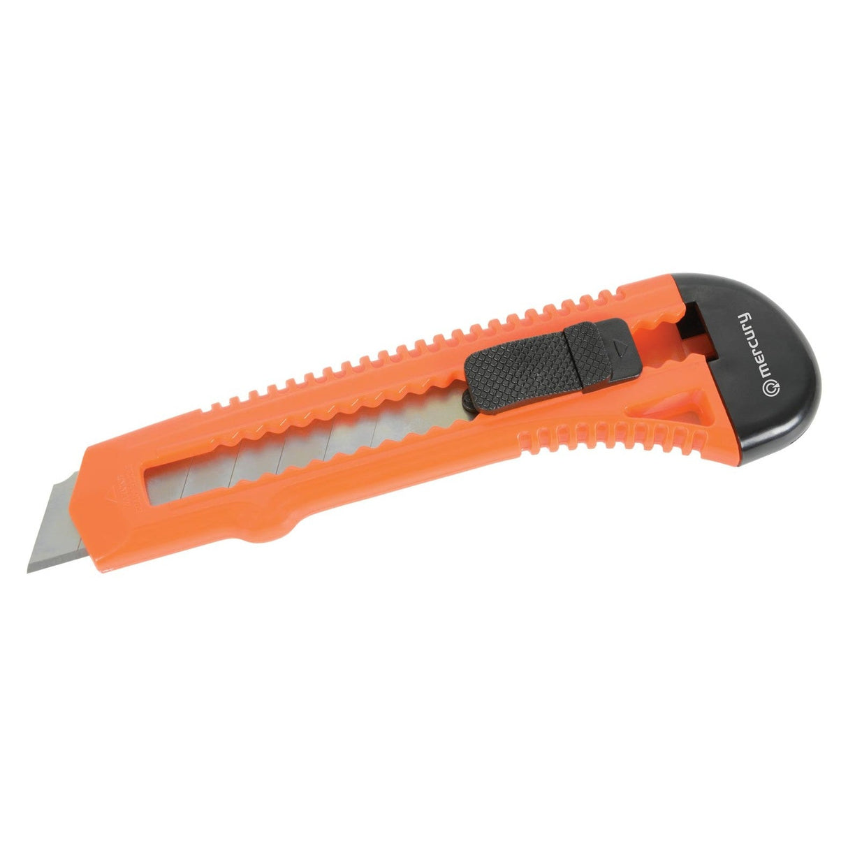 The Mercury Plastic Craft Knife is an orange retractable knife with a snap-off blade and black sliding button handle, designed for precise cutting tasks.