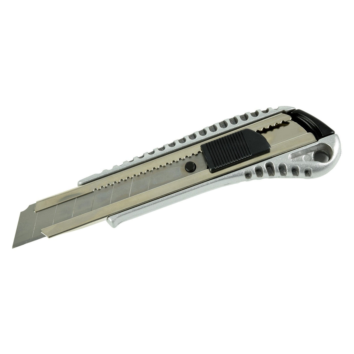 The Mercury Aluminium Craft Knife With Snap-Off Blade, in silver and black with a textured handle, offers extendable and retractable use. Sturdy and heavy duty, it’s displayed on a white background.