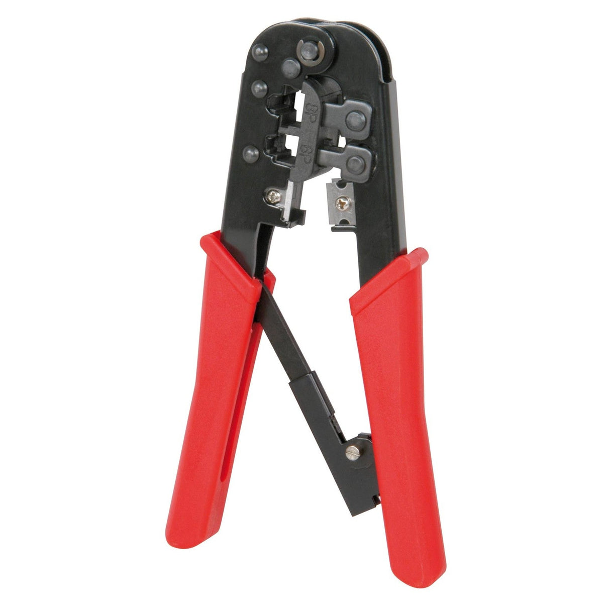 The Mercury Modular Crimping Pliers are black and red RJ-45 crimping tools with open handles, designed for attaching connectors to cables.