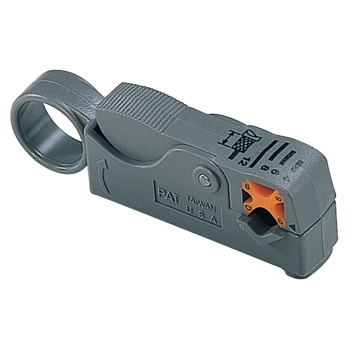 The Mercury Coaxial Cable Stripper, in gray, is designed for RG-6 cables and features a rotary blade, size guide markings, and a looped side handle for easy insulation removal.