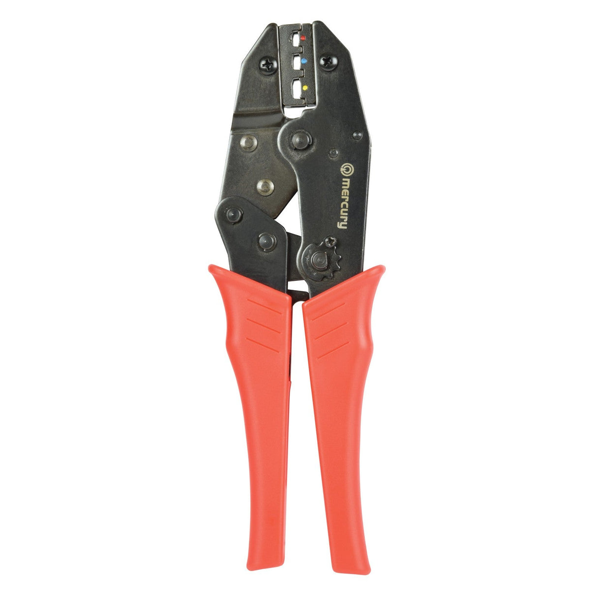 The Mercury Terminal Crimping Pliers have black metal jaws, red handles, and a ratchet mechanism for securely attaching insulated electrical terminals to cables.
