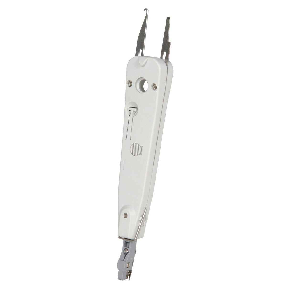 The Mercury IDC Punchdown Tool is a white wire termination tool with a metal blade and hook, designed for inserting wires into insulation-displacement connectors on patch panels or keystone jacks in networking.