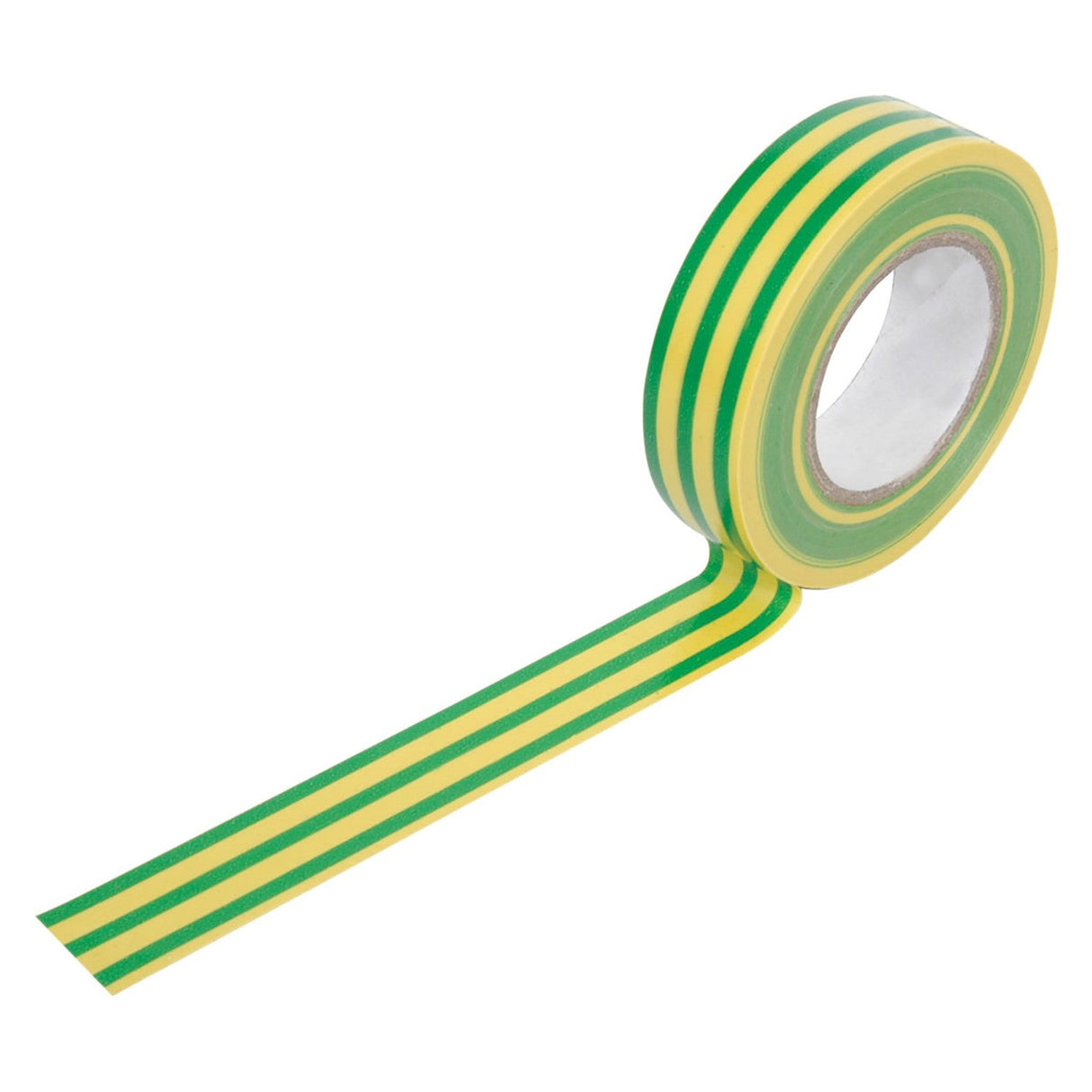 A partially unrolled Ultratape PVC20EA Electrical Insulation Tape 20M - Green with yellow stripes is shown against a white background. This flame-retardant tape offers safe and visible insulation for wiring projects.