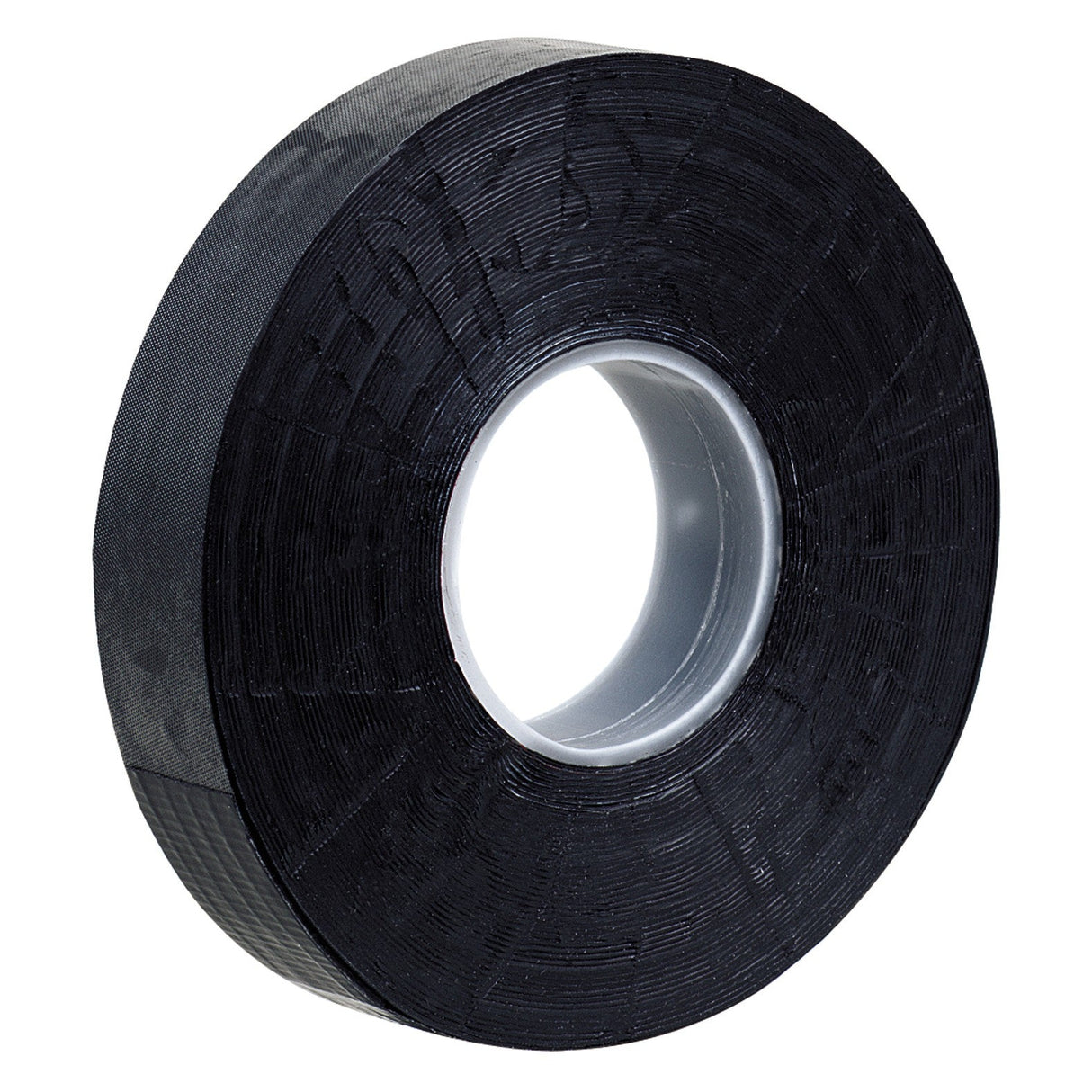 A close-up of Ultratape Black Self Amalgamating Tape (19mm x 10M), featuring a white inner core, standing upright on a white surface—ideal for cable repair.