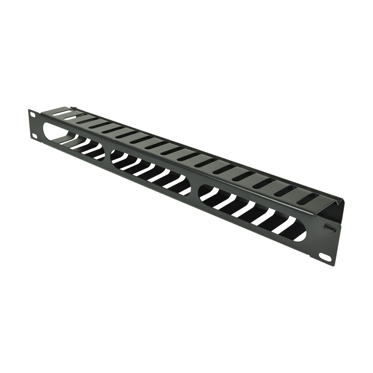 Adastra 1U cable management channel in black powder-coated steel with slotted finger trunking and front mounting ears, shown on a white background.