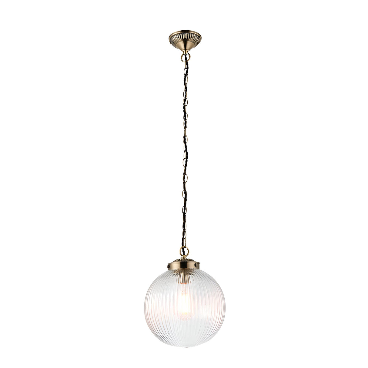 Endon Ashmere pendant light with a ribbed clear glass globe shade suspended from an antique brass chain and ceiling rose on a white background.