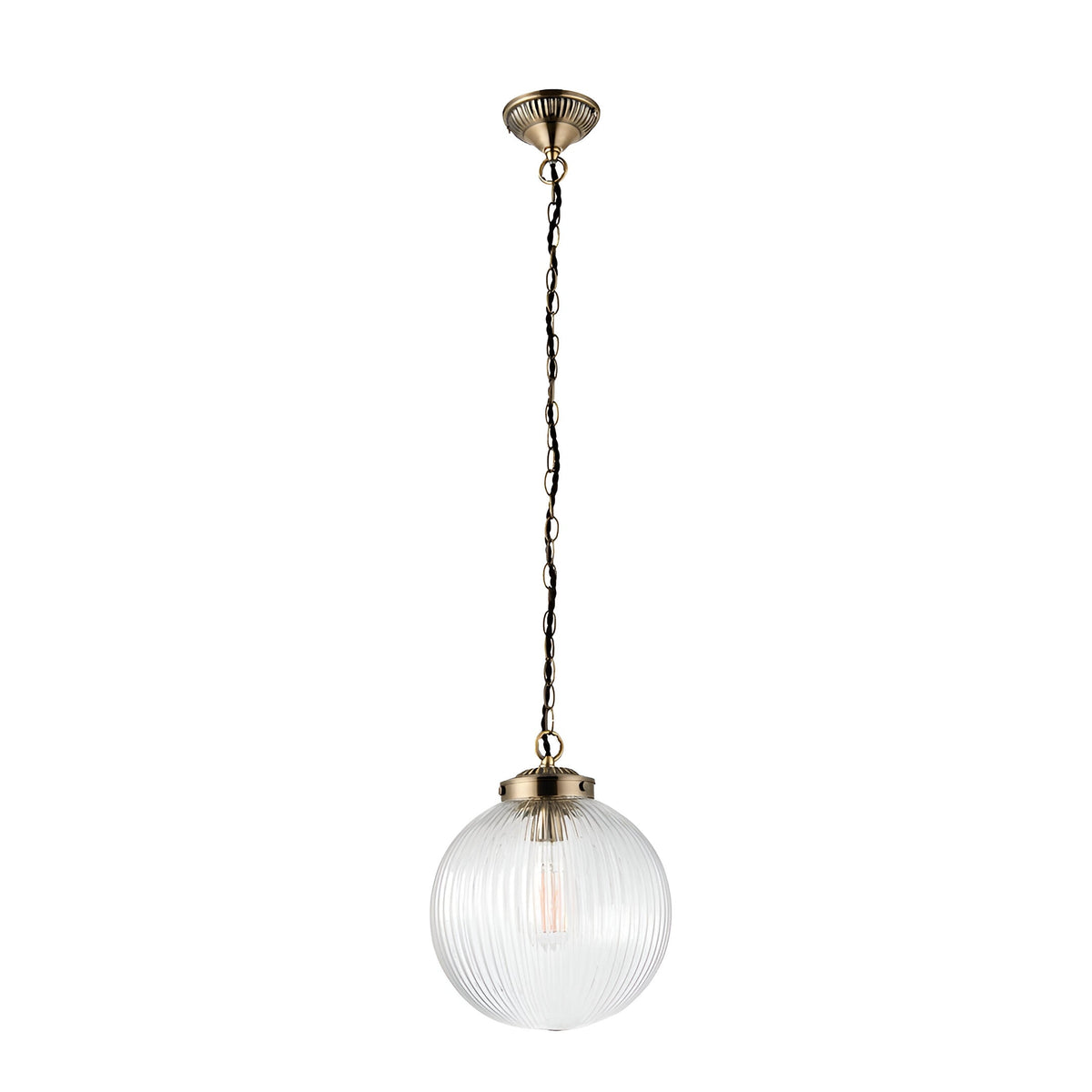 Endon Ashmere pendant light with a ribbed clear glass globe shade suspended from an antique brass chain and ceiling rose on a white background.