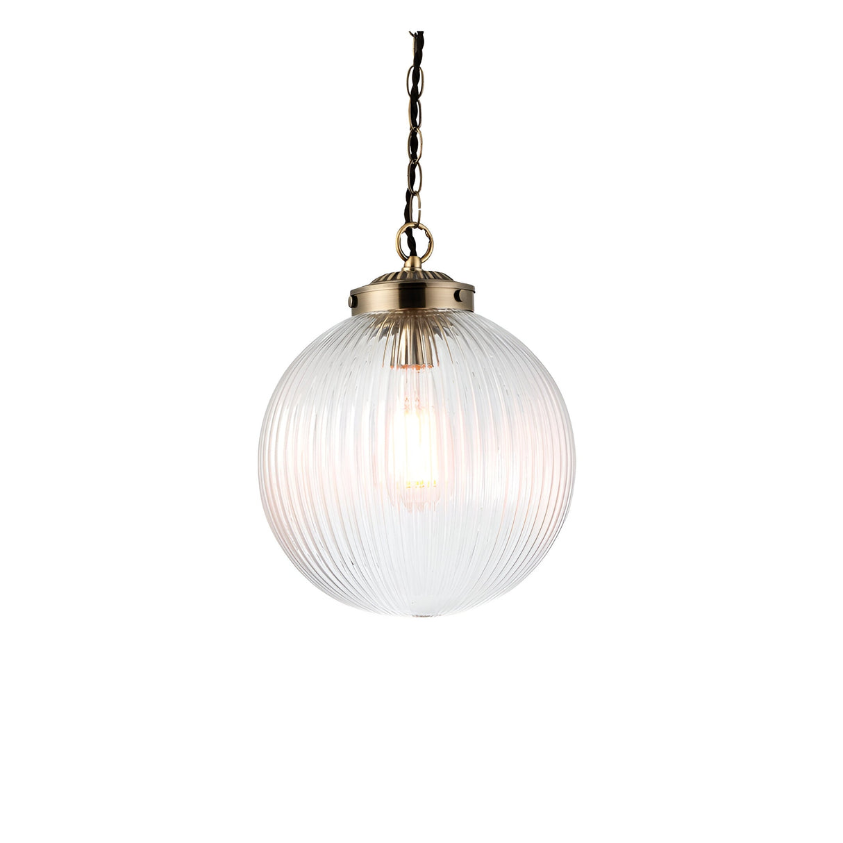 Endon Ashmere pendant light with a ribbed round clear glass globe shade and antique brass chain suspension, shown on a white background.