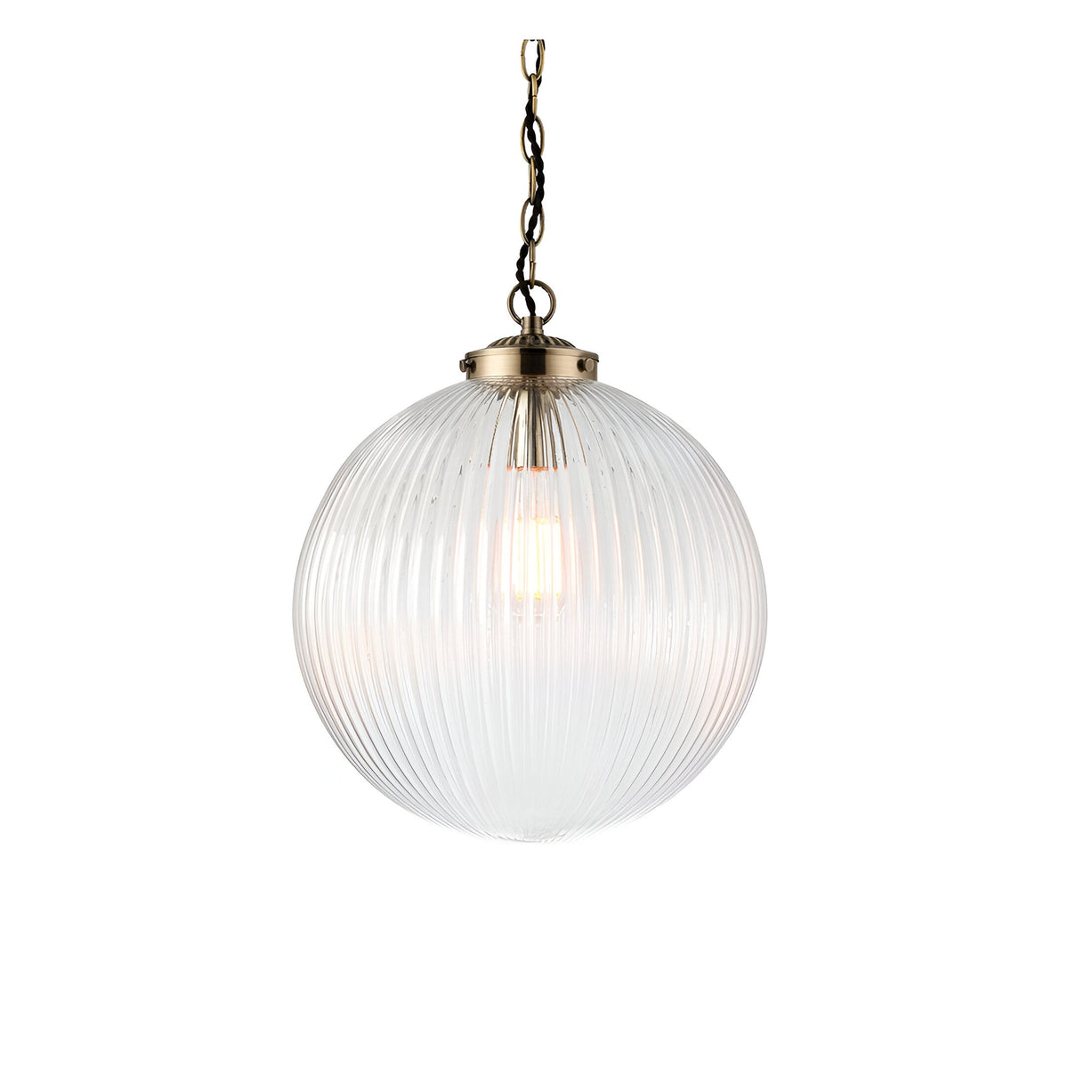 Endon Ashmere Large Pendant with ribbed round clear glass globe shade suspended from an antique brass chain, shown on a white background.