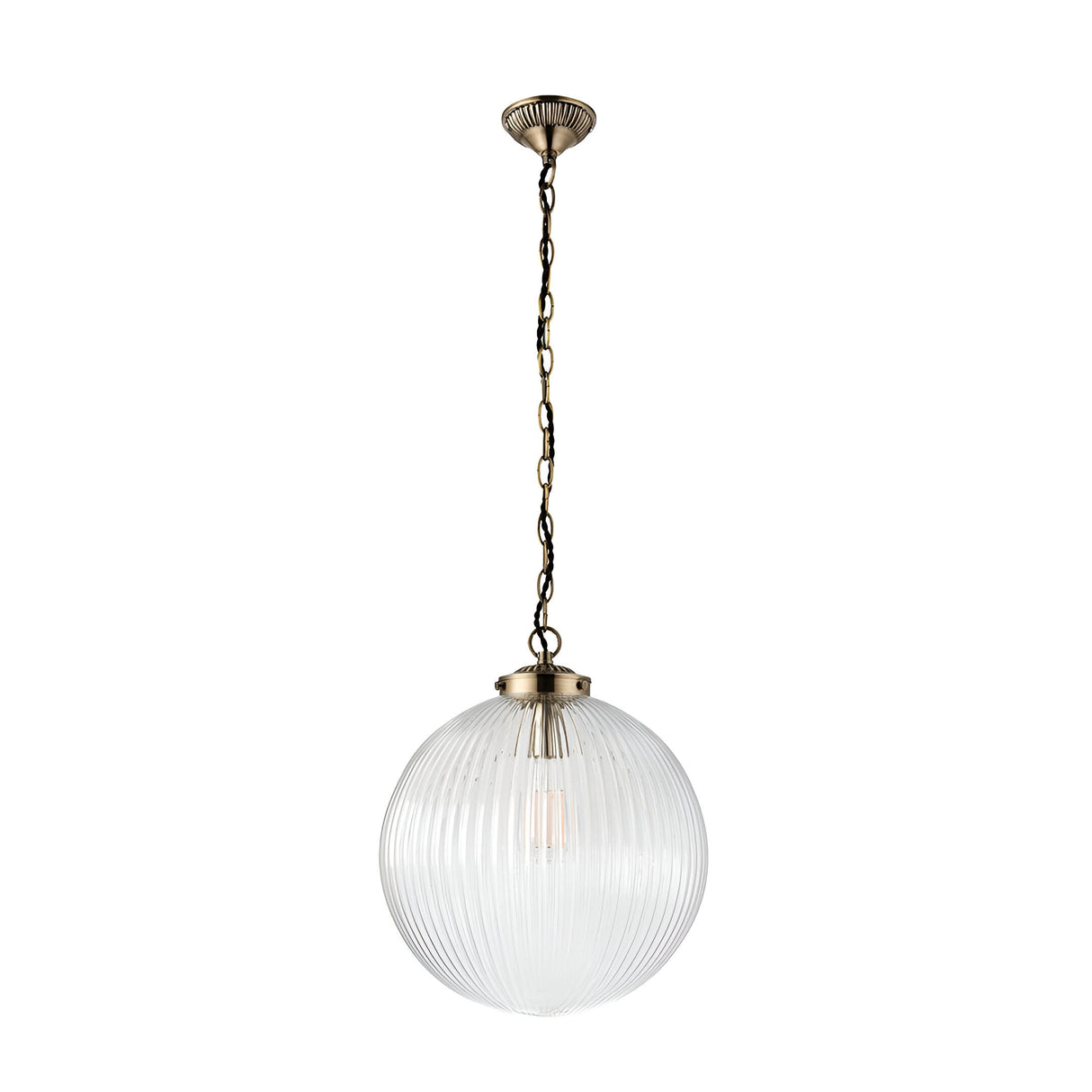 Endon Ashmere Large pendant light with a ribbed round clear glass globe shade suspended from an antique brass chain on a plain white background.