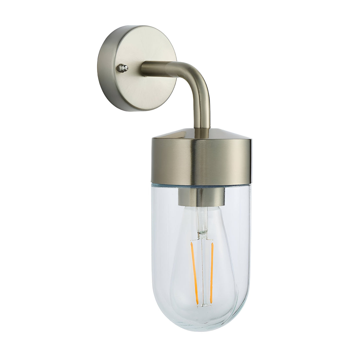 Endon Castfield IP44 outdoor wall light in brushed silver steel with clear glass cylinder shade and E27 filament bulb, on a plain white background.