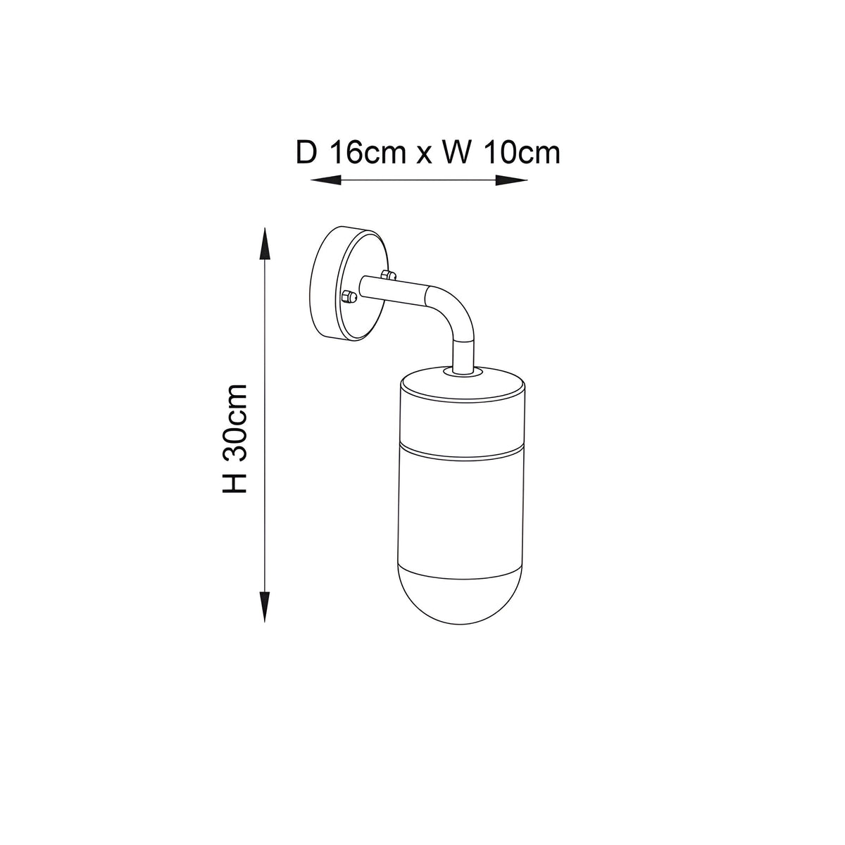 Dimension diagram of the Endon Castfield outdoor wall light showing 30cm height, 10cm width and 16cm projection on a plain background.