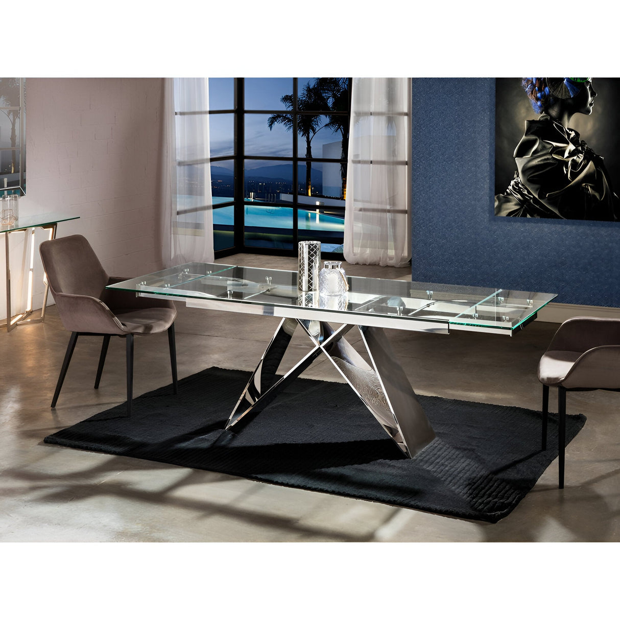 Mika 6–8 Seater Glass & Steel Extendable Dining Table – Transparent