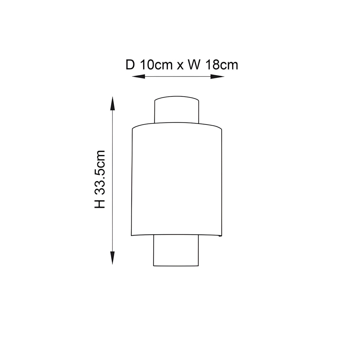 Dimensioned line drawing of the Endon Brenwood bronze wall light showing height 33.5cm, width 18cm and depth 10cm on a white background.