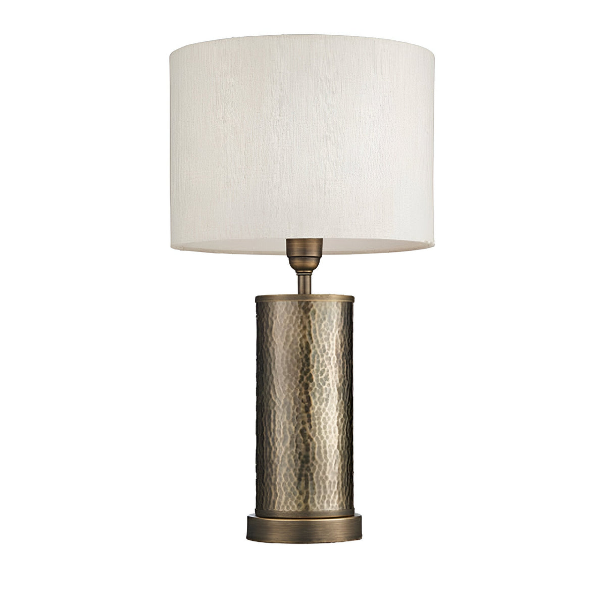 Endon Brenwood table lamp with a hammered aged bronze cylindrical steel base and natural linen-effect drum shade, shown on a plain white background.