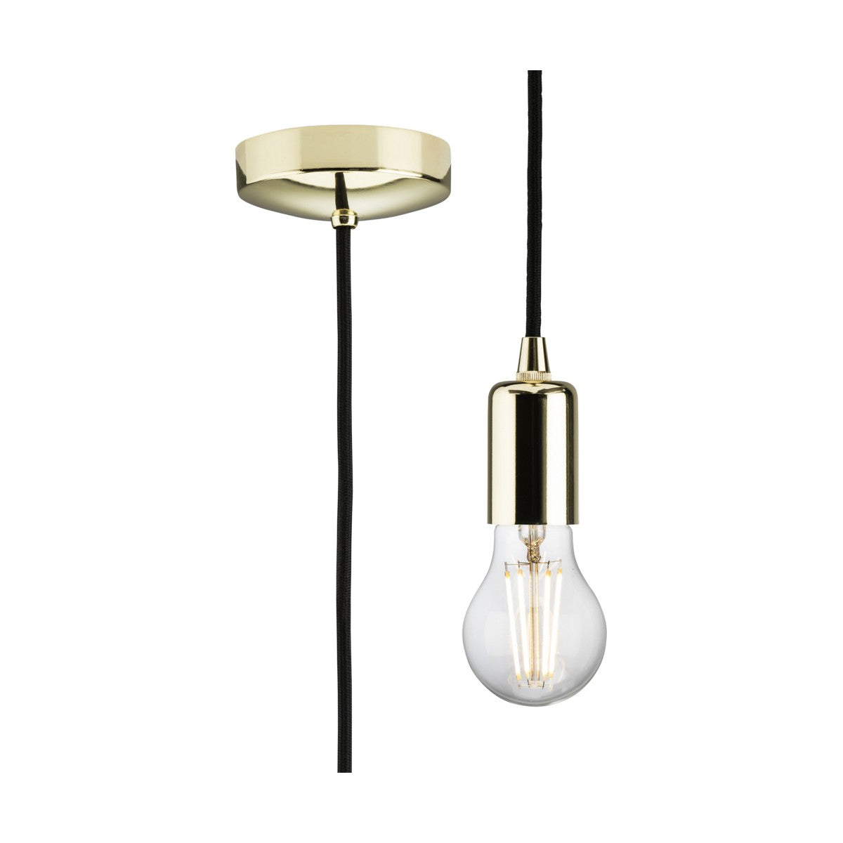 Presenting the 1.8m ES Contemporary Pendant Set in Polished Brass, this modern metal pendant lamp showcases a sophisticated polished brass-finished socket and ceiling mount. The design features an exposed bulb with an E27 lamp base suspending from a sleek black cord, emphasizing its minimalist style.