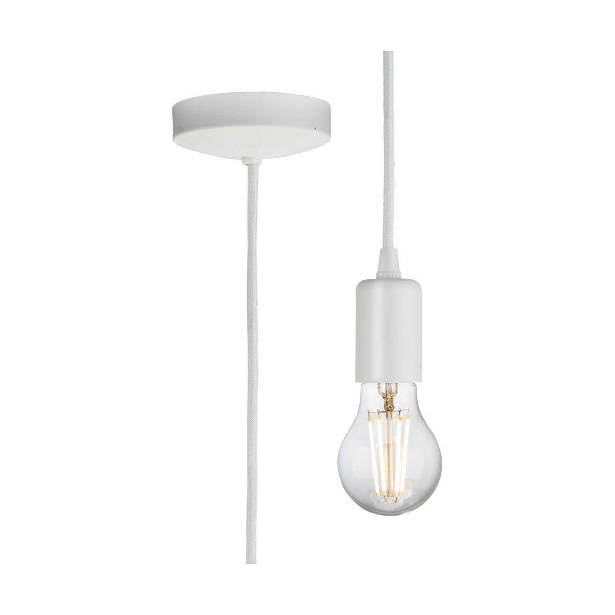 The 1.8m ES Contemporary Pendant Set - Matt White is a minimalist metal pendant lamp with a matt white finish, complemented by a matching white ceiling mount and cord. It features a clear bulb with visible filament and an E27 lamp base design, offering a simple and modern look that fits well with various interior styles.