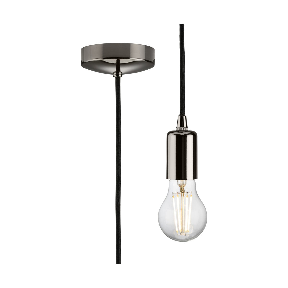 Introducing the 1.8m ES Contemporary Pendant Set in Black Nickel, featuring a minimalist design with a metallic socket and E27 lamp base paired with a clear exposed bulb. This elegant fixture is suspended from a circular ceiling mount and includes a sleek black nickel finish cord.
