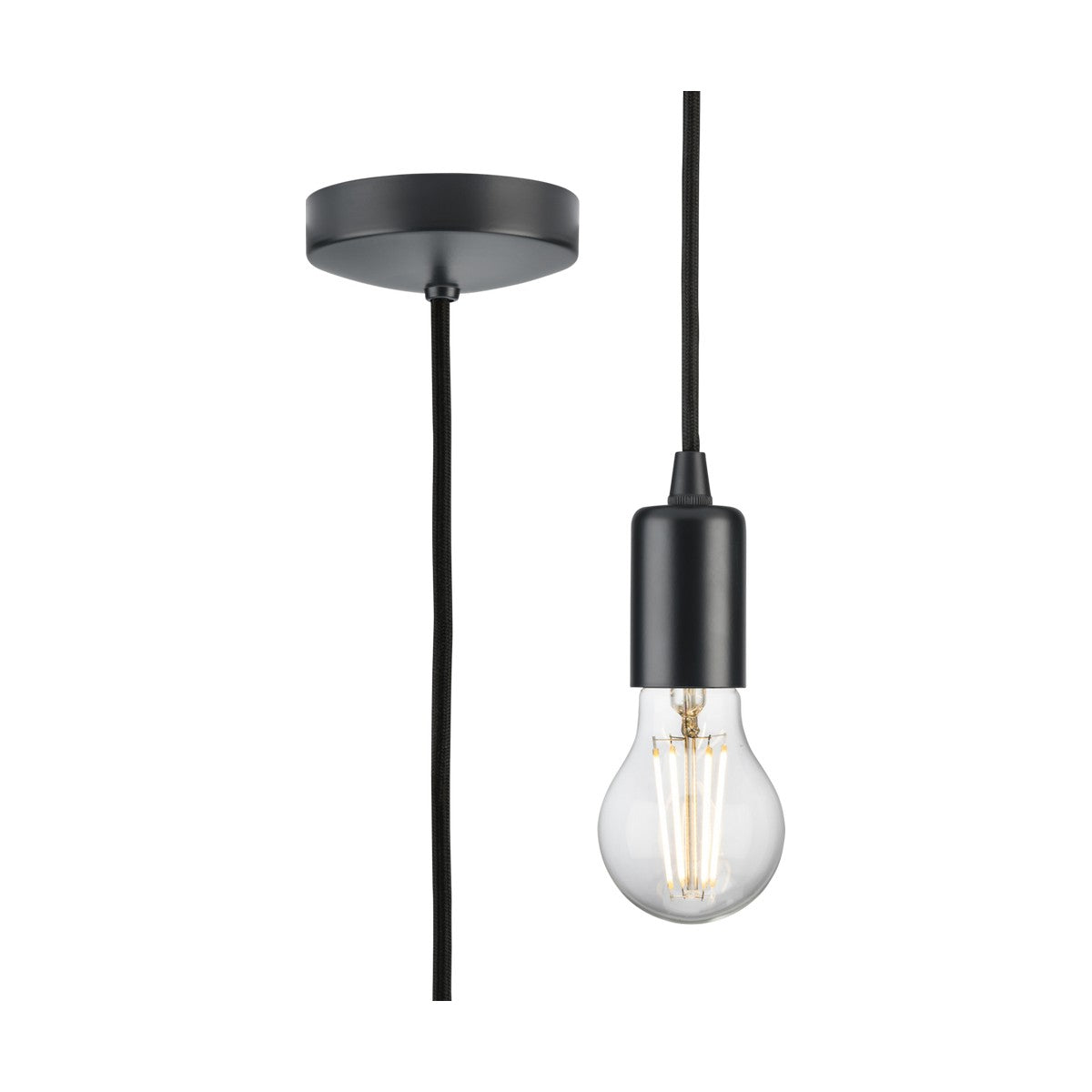 The 1.8m ES Contemporary Pendant Set in Anthracite is a minimalist lighting fixture featuring a metal pendant lamp holder and visible filament bulb, complete with a black cord and ceiling mount. The sleek E27 lamp base design is perfect for enhancing the contemporary style of modern interiors.