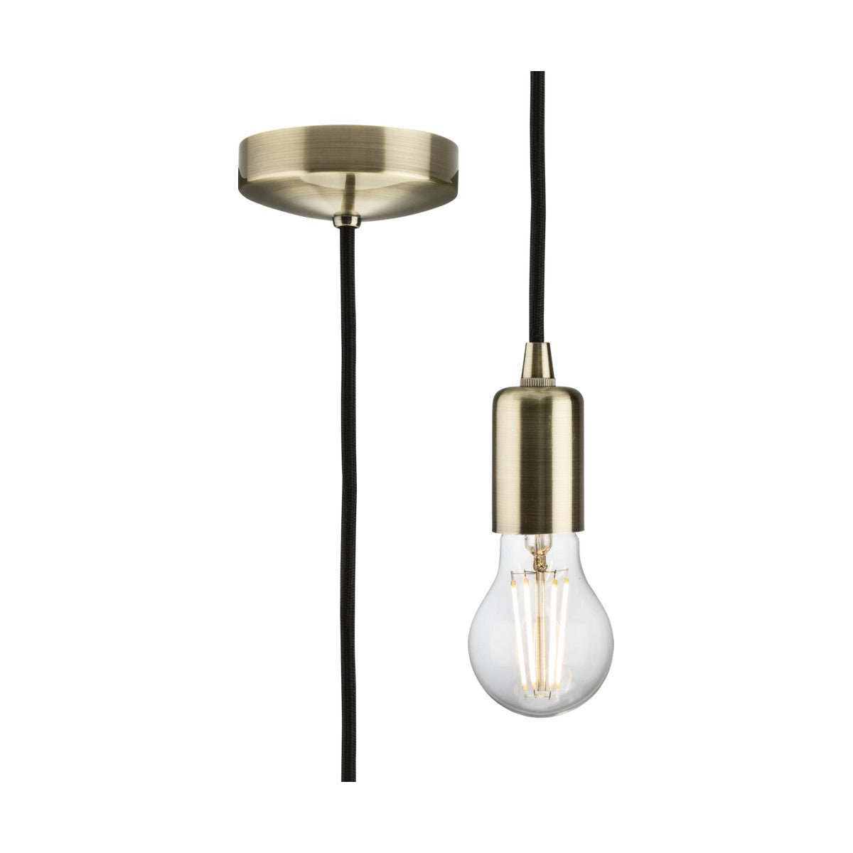 The 1.8m ES Contemporary Pendant Set - Antique Brass features a transparent Edison bulb hanging from a black cord attached to a circular ceiling mount. The exposed bulb, set in an E27 lamp base, highlights its filament design, creating a minimalist and modern aesthetic.