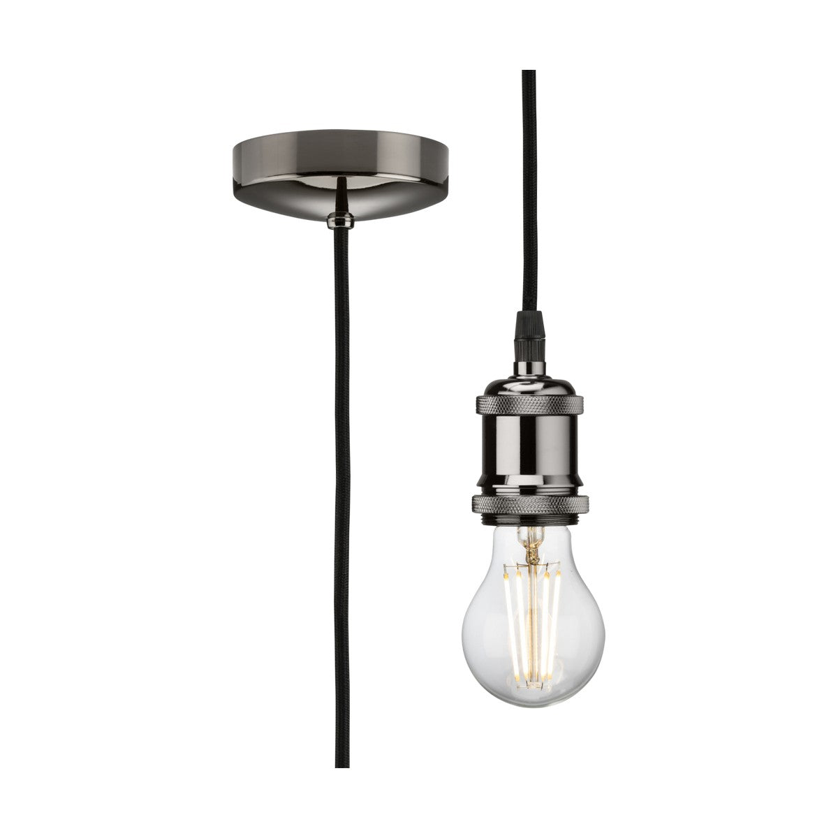 Introducing the 1.8m ES Vintage Pendant Set in Black Nickel, this modern vintage metal pendant lamp showcases a sleek industrial-style socket and an E27 lamp base. Its minimalist aesthetic is highlighted by the transparent bulb with visible filaments, complemented by a black metal canopy and cord.
