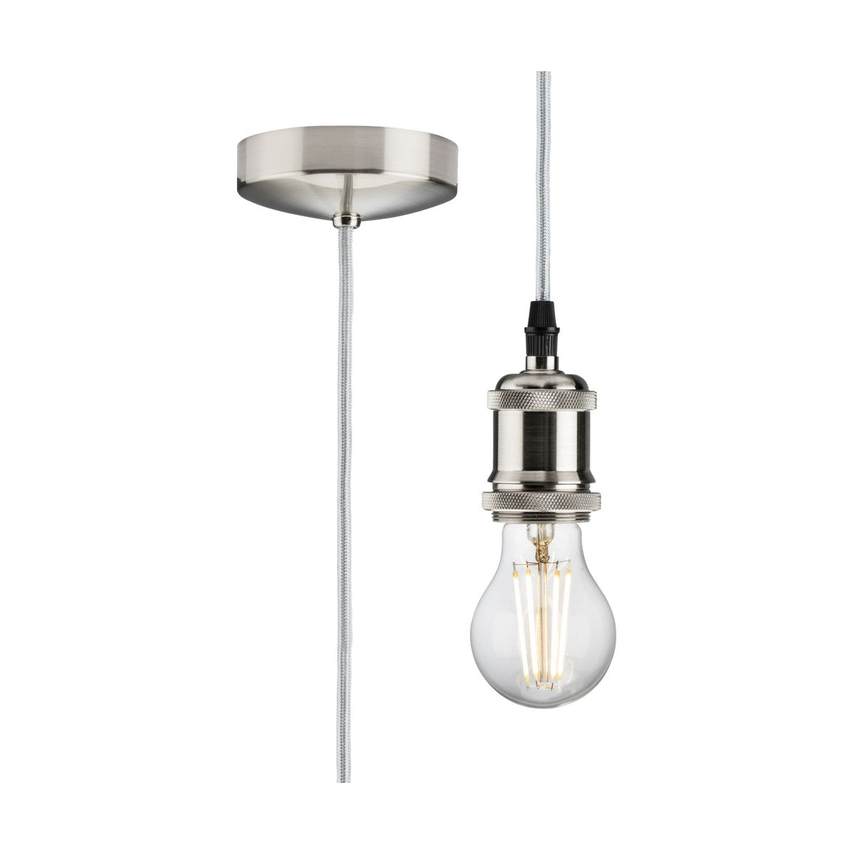 Introducing the 1.8m ES Vintage Pendant Set in Brushed Chrome, showcasing a vintage style pendant light equipped with an E27 lamp base and a visible filament bulb. The cord is encased in a silver-colored material, seamlessly connecting to a round ceiling mount that matches the brushed chrome finish.