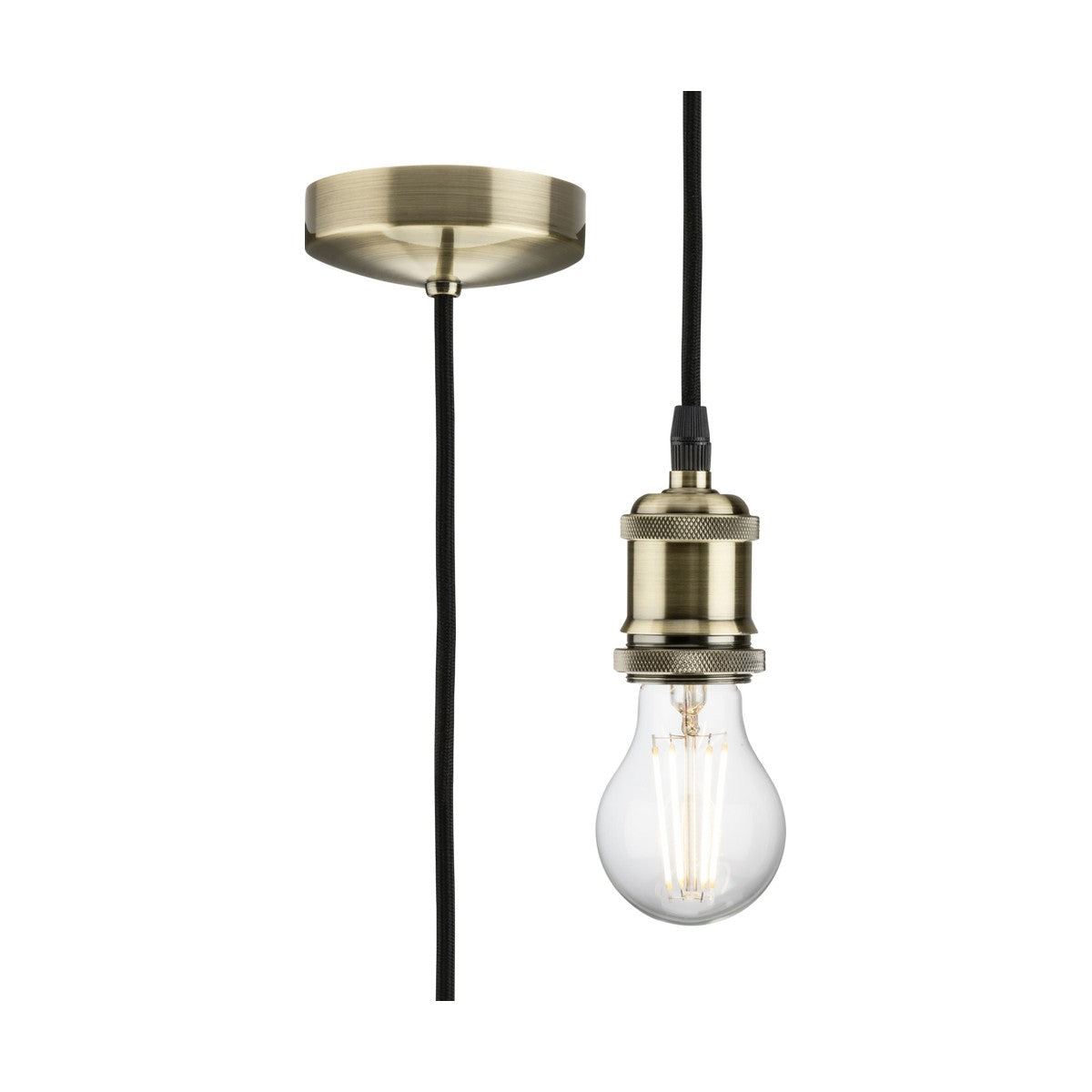 The 1.8m ES Vintage Pendant Set in Antique Brass features a metal pendant lamp in a vintage style with an antique brass finish and an exposed Edison bulb, all hanging from a black cord. The round ceiling canopy perfectly complements the brass tone of this E27 lamp base fixture.