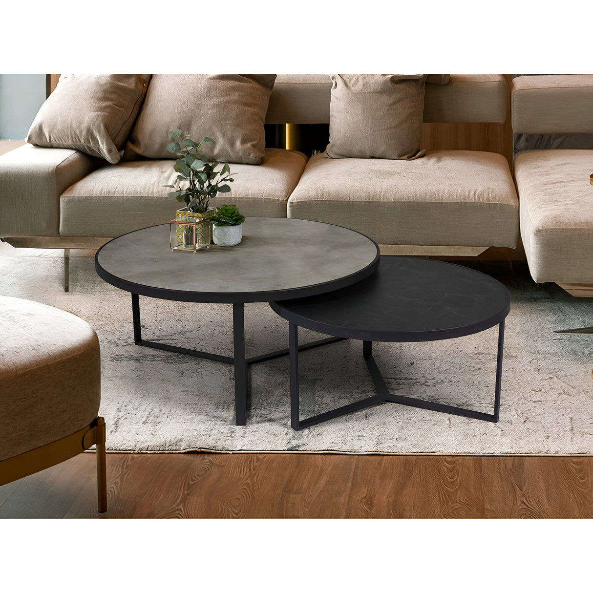Naira Set of 2 Large Wood & Metal Tables – Matte Black & Grey