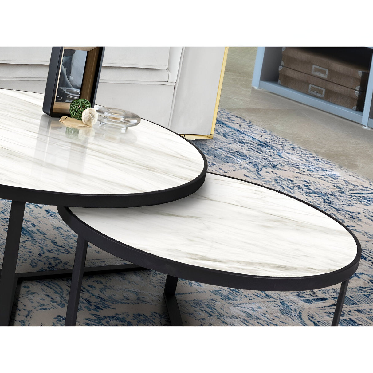 Naira Set of 2 Wood & Metal Tables – Matte Black & White Marble
