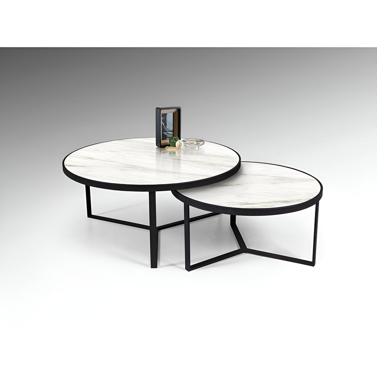 Naira Set of 2 Wood & Metal Tables – Matte Black & White Marble