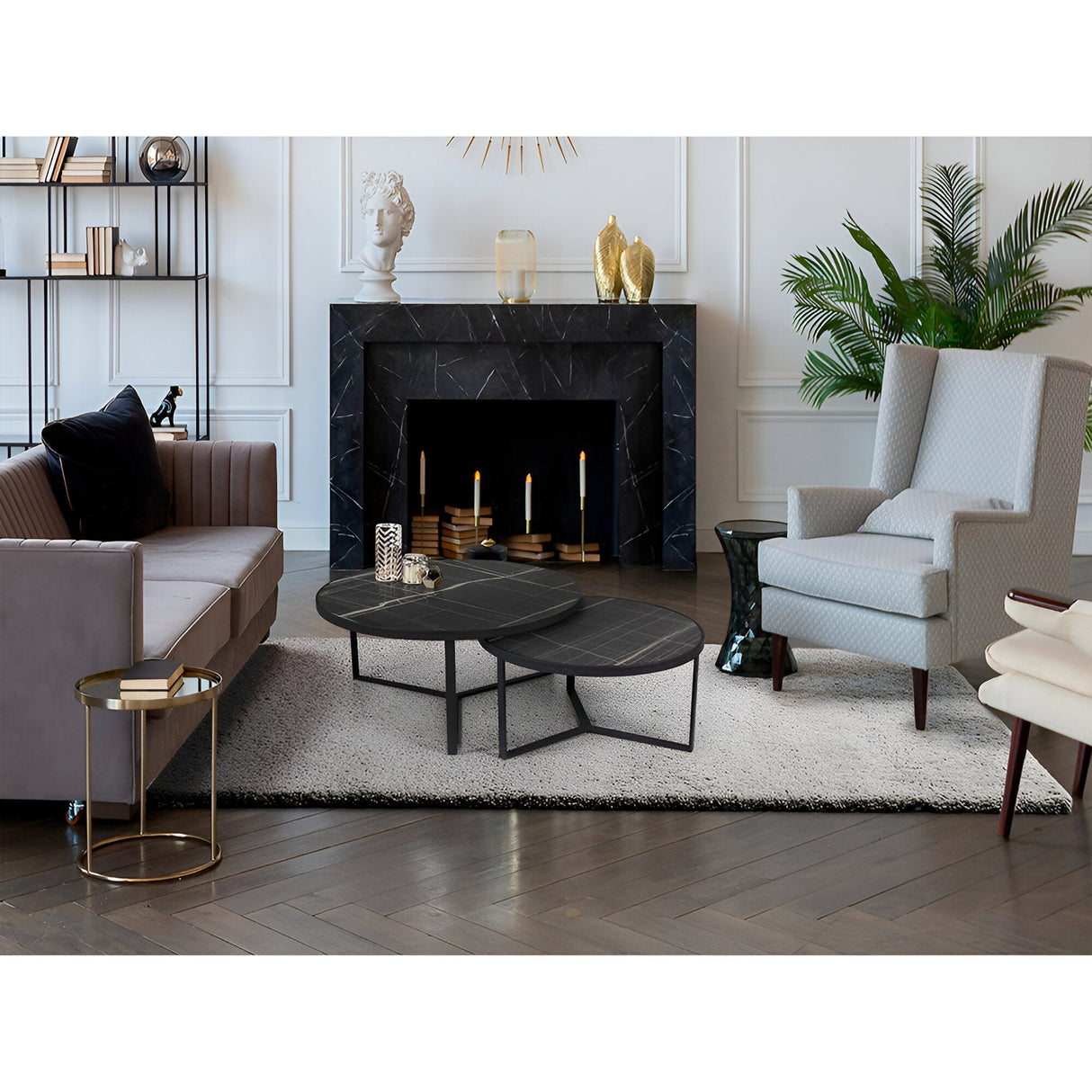 Naira Set of 2 Wood & Metal Tables – Matte Black & Black Marble