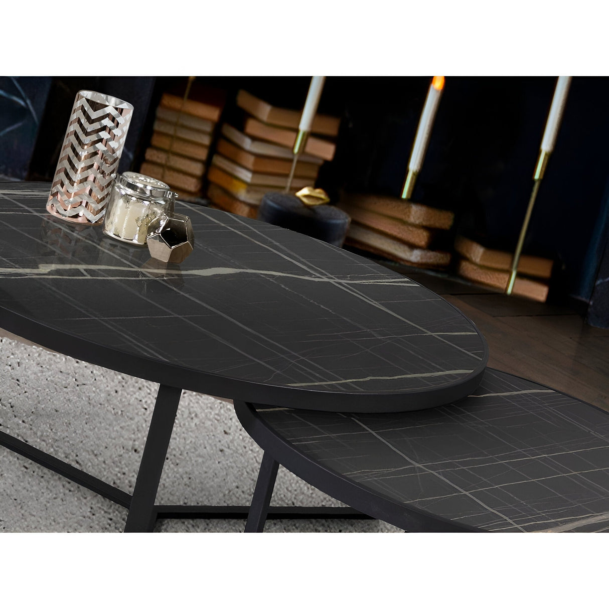 Naira Set of 2 Wood & Metal Tables – Matte Black & Black Marble