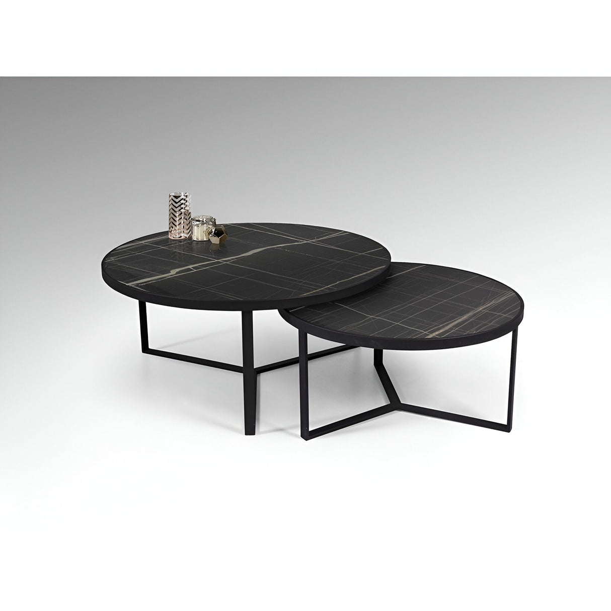 Naira Set of 2 Wood & Metal Tables – Matte Black & Black Marble