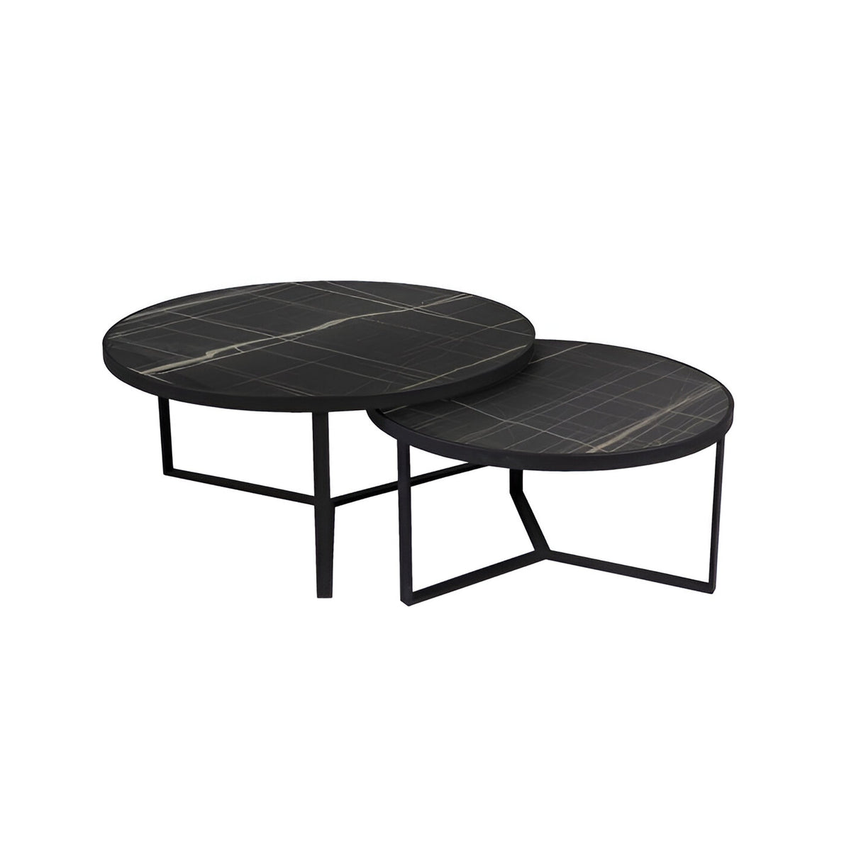 Naira Set of 2 Wood & Metal Tables – Matte Black & Black Marble