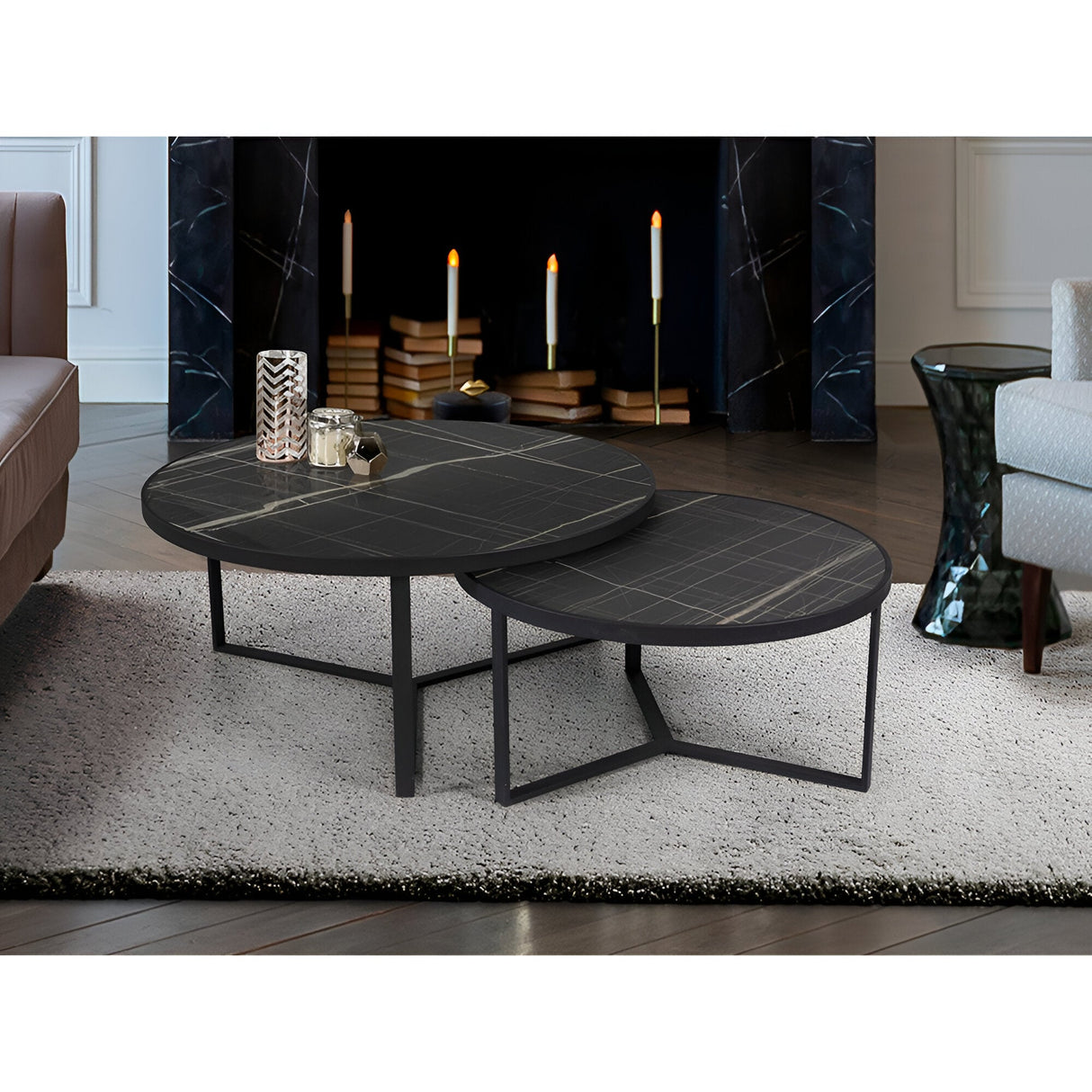 Naira Set of 2 Wood & Metal Tables – Matte Black & Black Marble