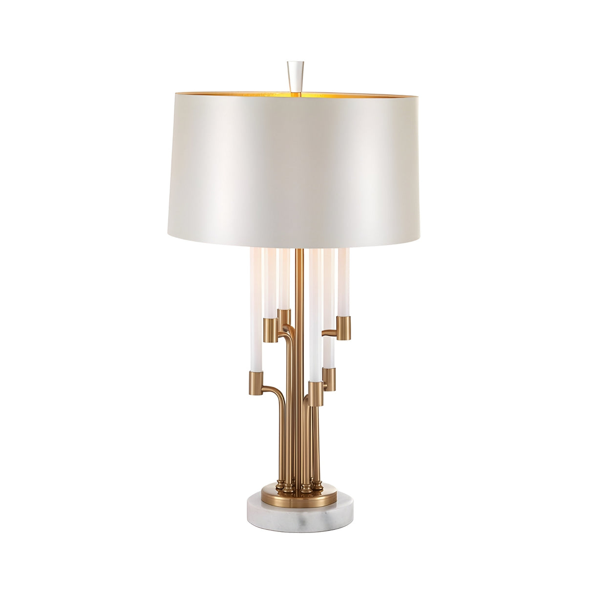 The Calystron 1 Light Branched Alabaster Table Lamp in Brass & Soft White features a modern sculptural design with a white cylindrical shade, gold and clear rods, and a round white marble base, shown on a white background.