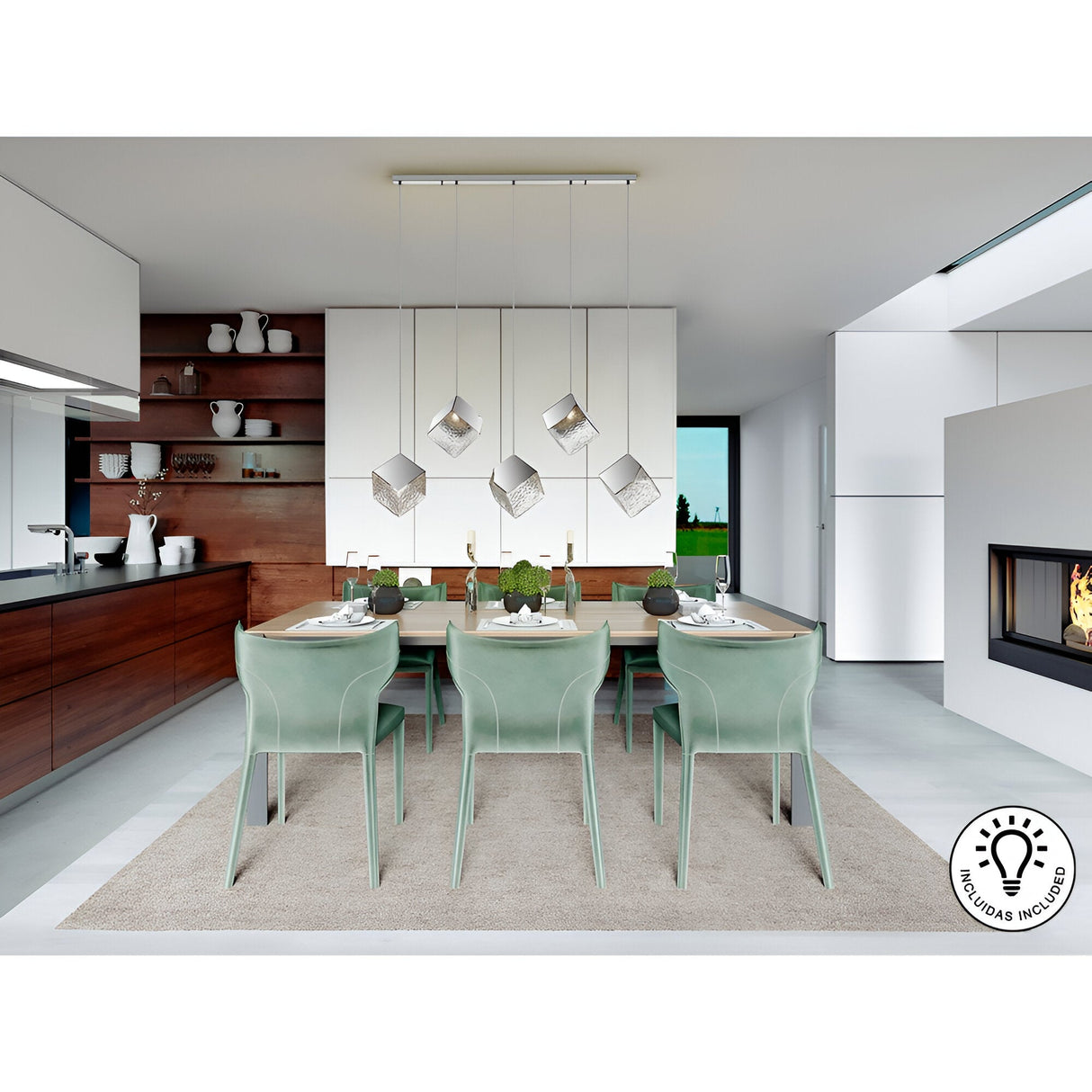 Priscila 5 Light Glass & Steel Bar Pendant - Chrome