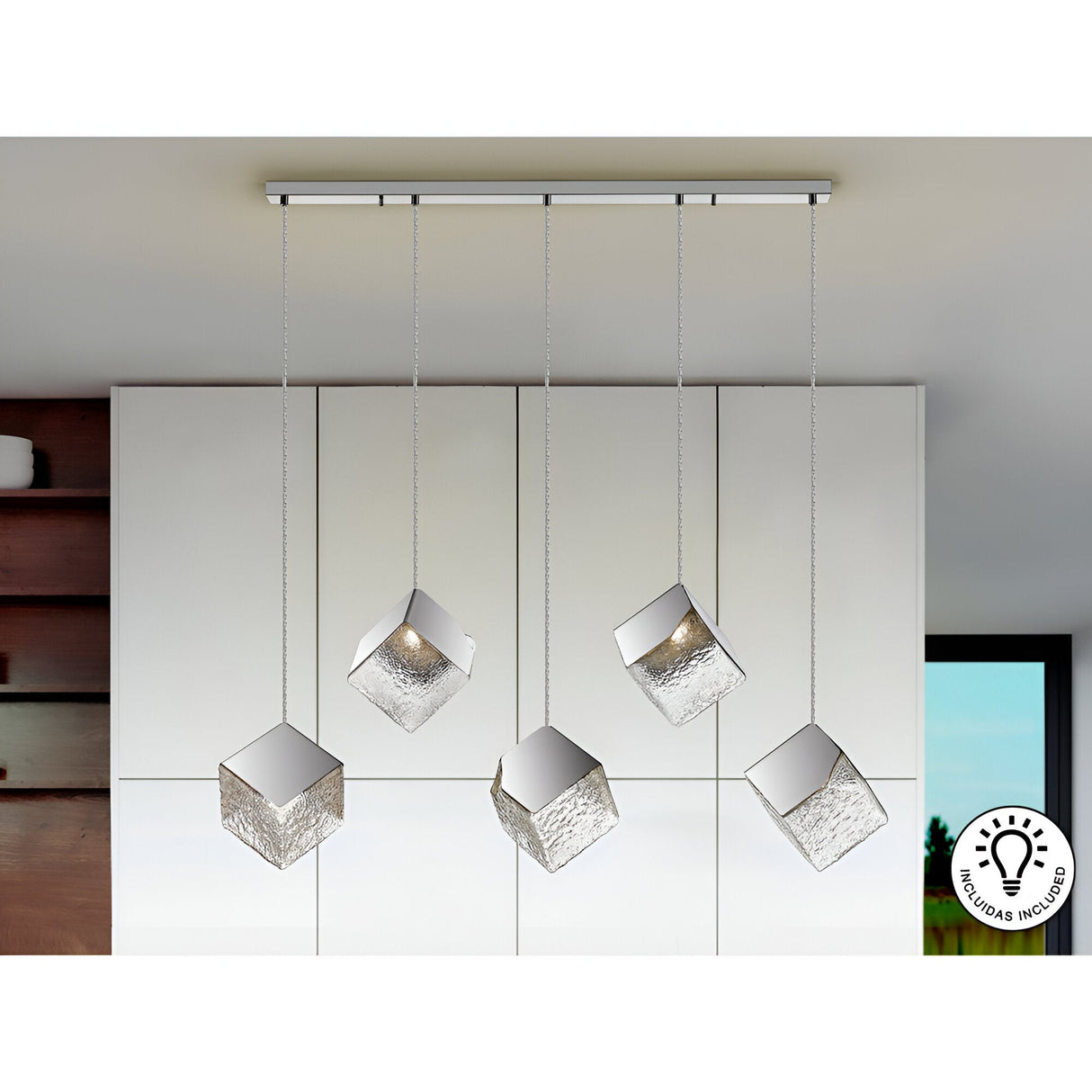 Priscila 5 Light Glass & Steel Bar Pendant - Chrome