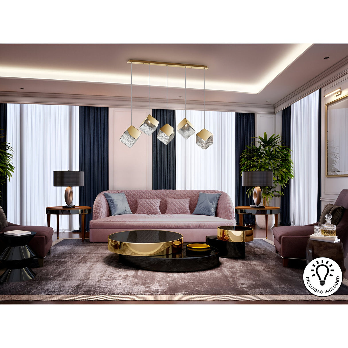 Priscila 5 Light Glass & Steel Bar Pendant - Gold