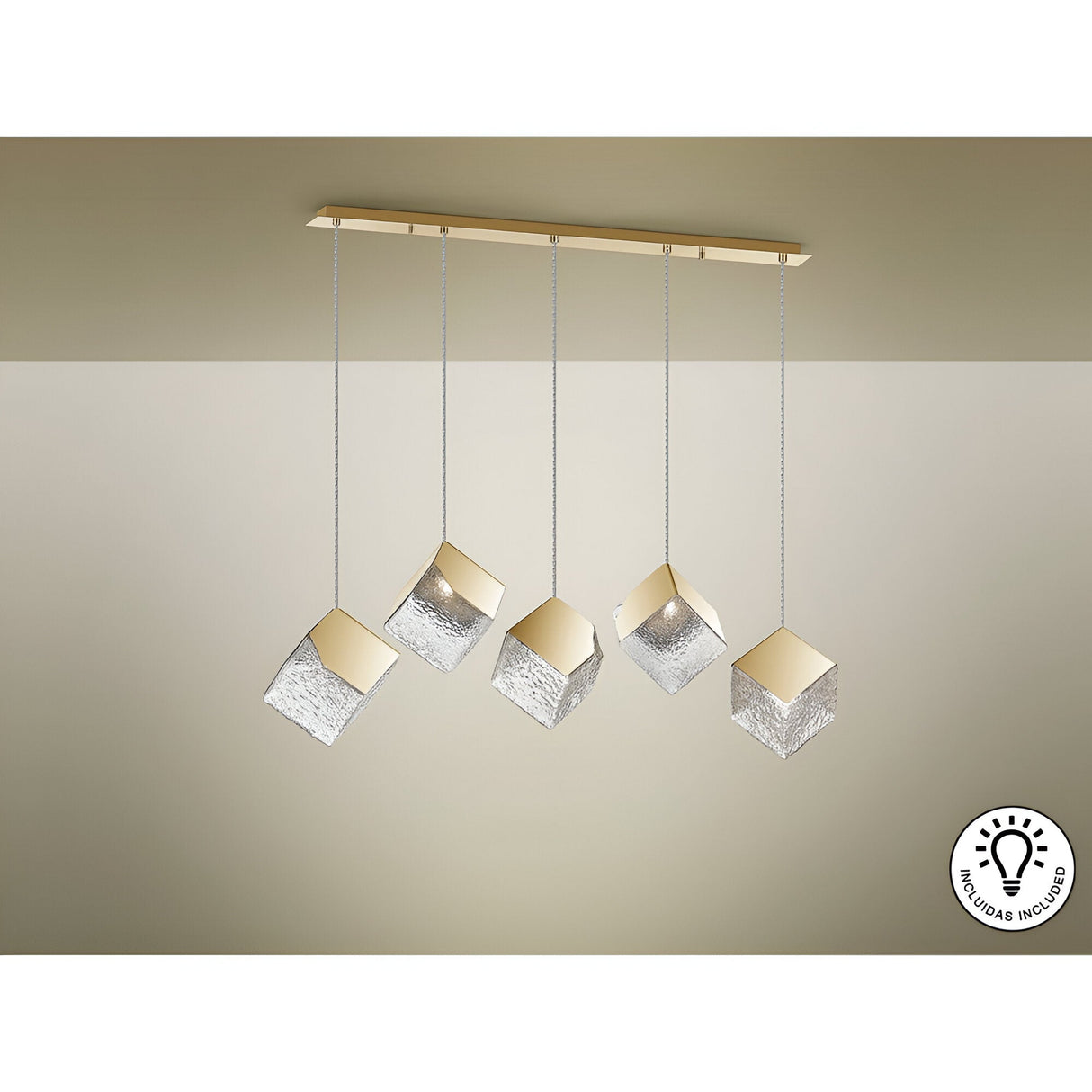Priscila 5 Light Glass & Steel Bar Pendant - Gold