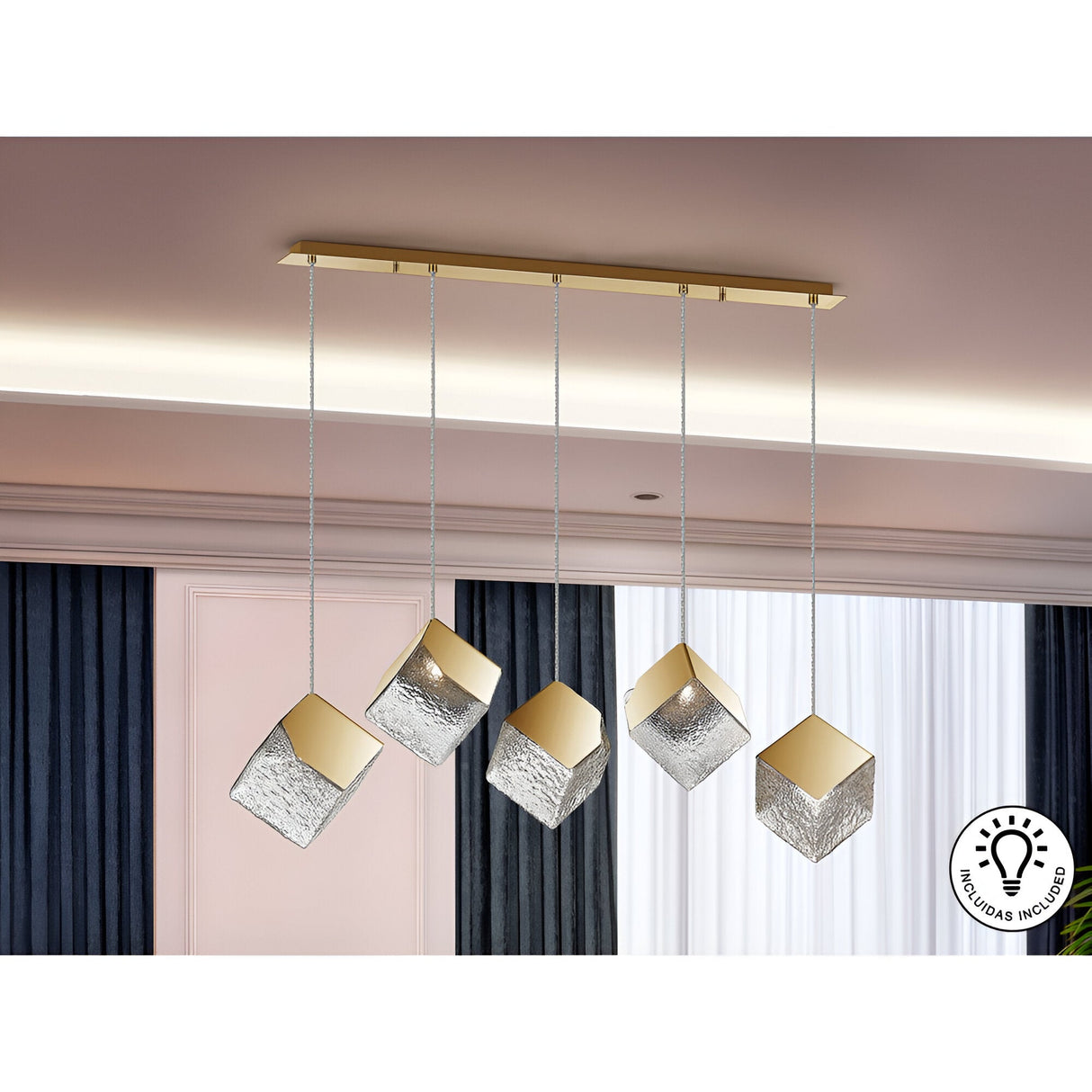 Priscila 5 Light Glass & Steel Bar Pendant - Gold