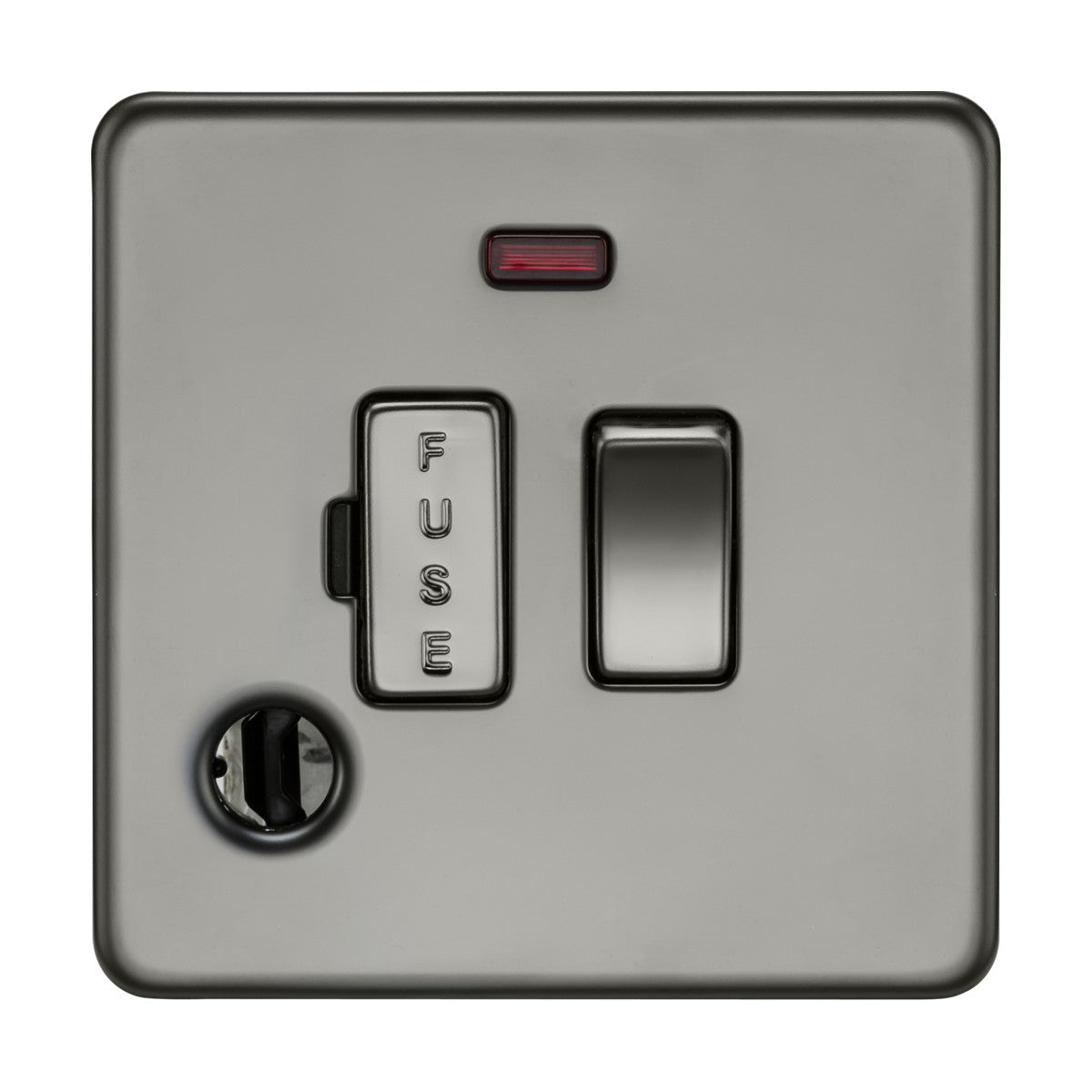 The 13A Switched Fused Spur Neon And Flex Outlet in Black Nickel features a modern, sleek screwless design with a red light indicator. The switch is on the right, the rectangular FUSE slot on the left, and a discreet round screw located in the bottom left corner.