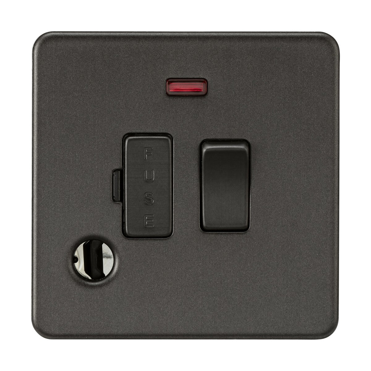 The 13A Switched Fused Spur Neon and Flex Outlet in smoked bronze features a black switch on premium-grade steel with a fuse slot on the left, a main switch on the right, and a red indicator light above. It includes a screwless design with a small round hole at the bottom left corner.
